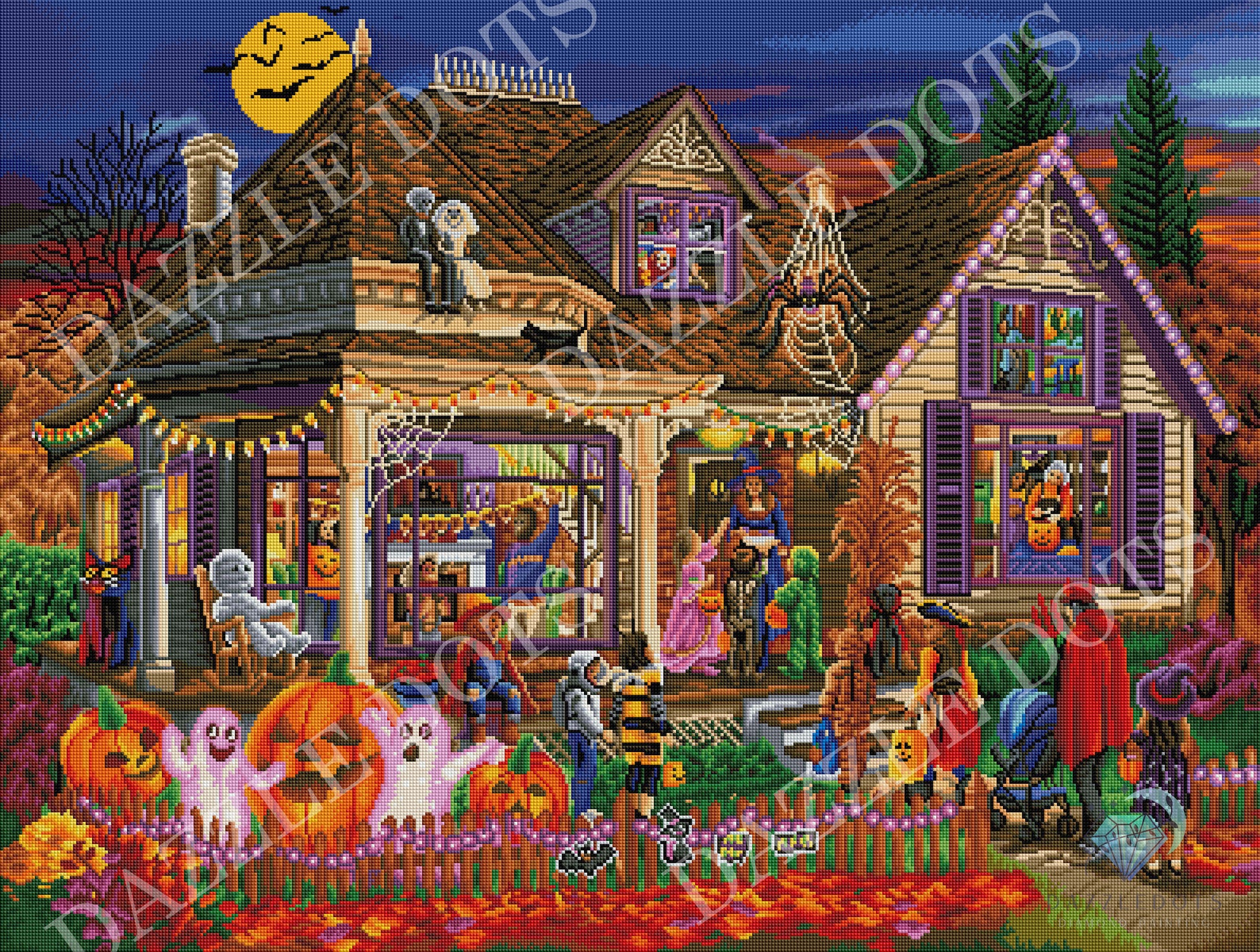 Diamond art kit Halloween-themed house with decorations and people in a festive setting