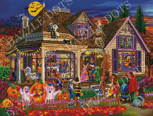 Diamond art kit Halloween-themed house with decorations and people in a festive setting