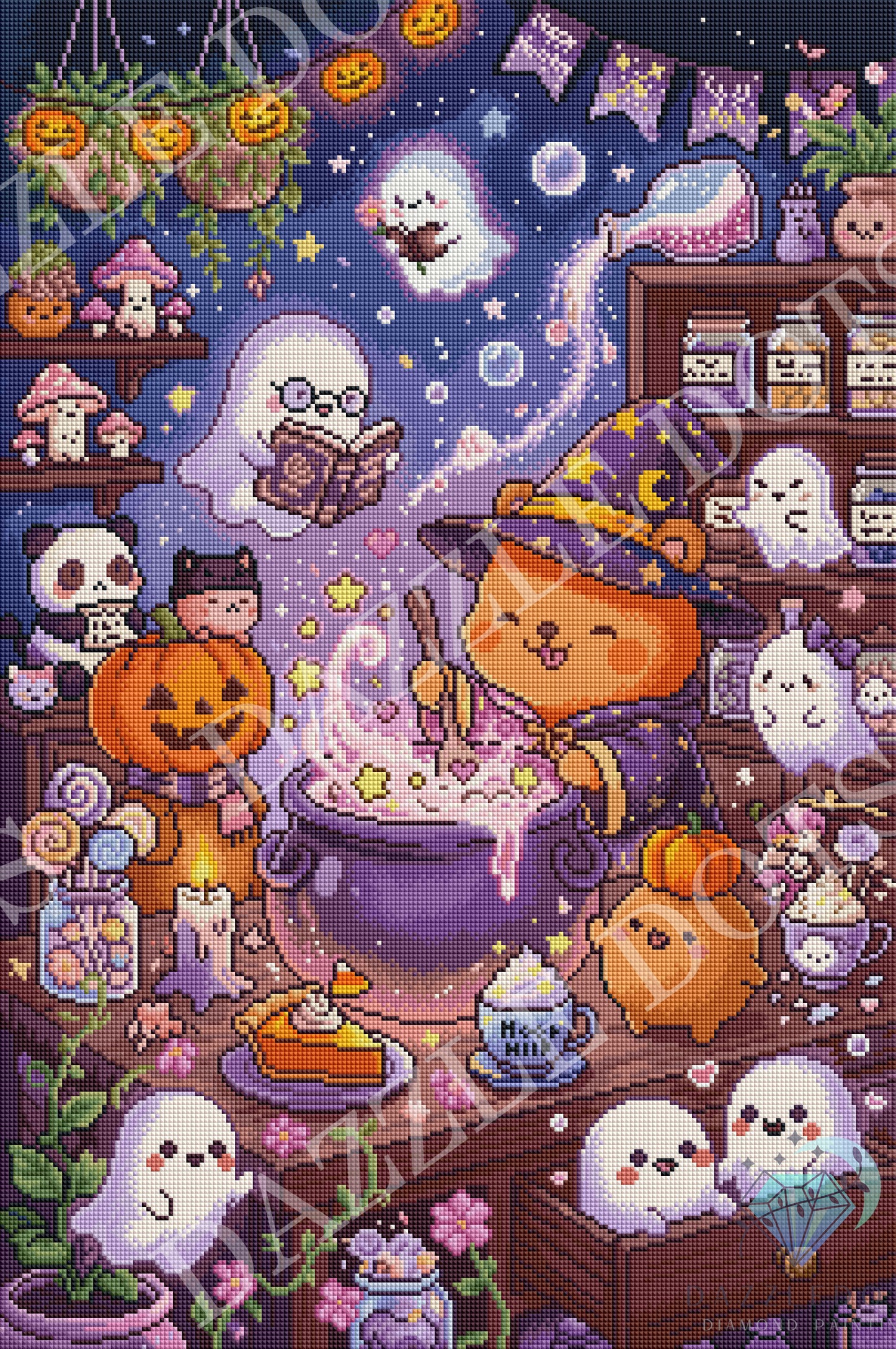 Diamond Art illustration of a Halloween-themed scene with a cat in a witch hat, ghosts, pumpkins, and a potion.