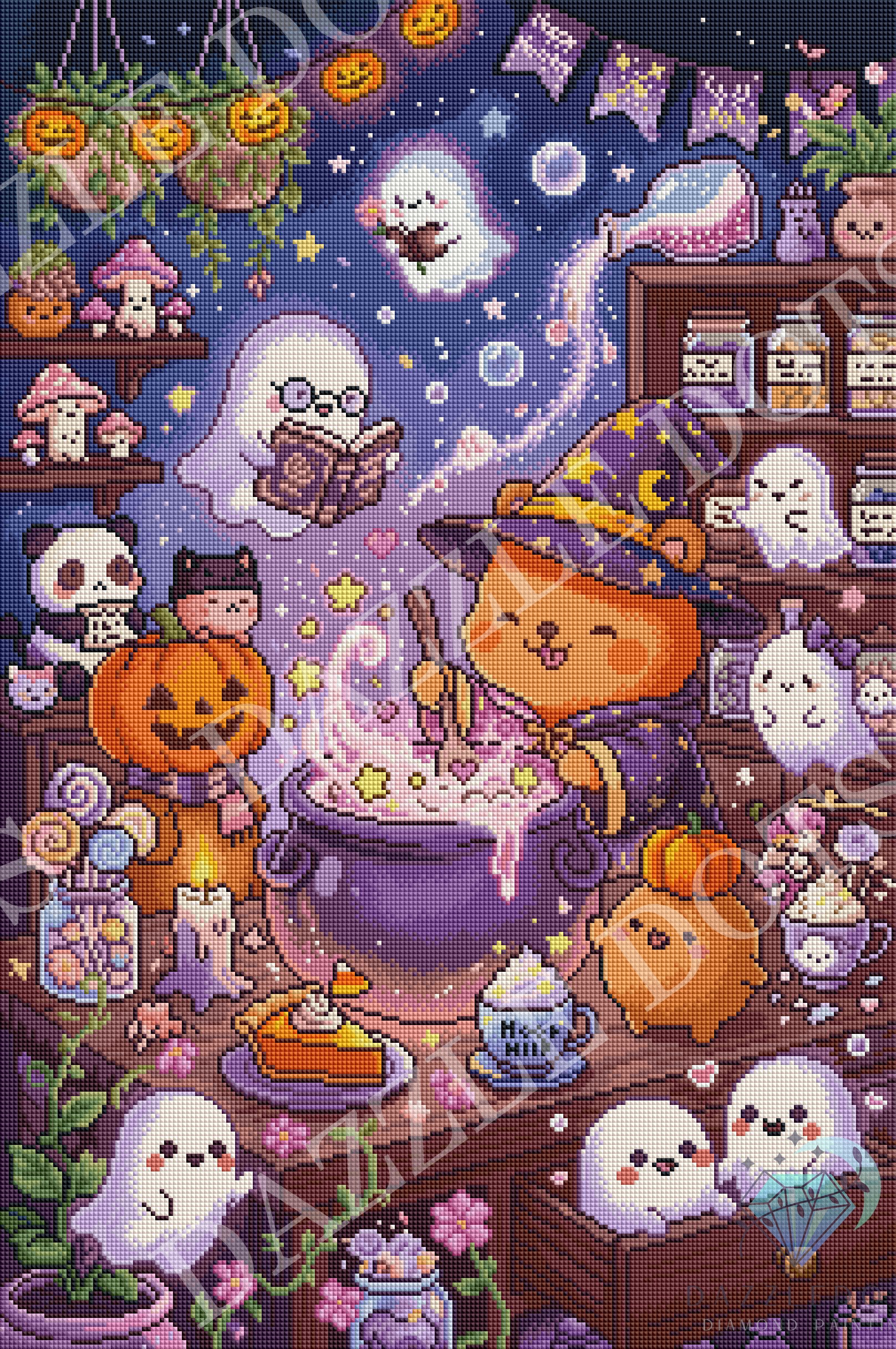 Diamond Art illustration of a Halloween-themed scene with a cat in a witch hat, ghosts, pumpkins, and a potion.