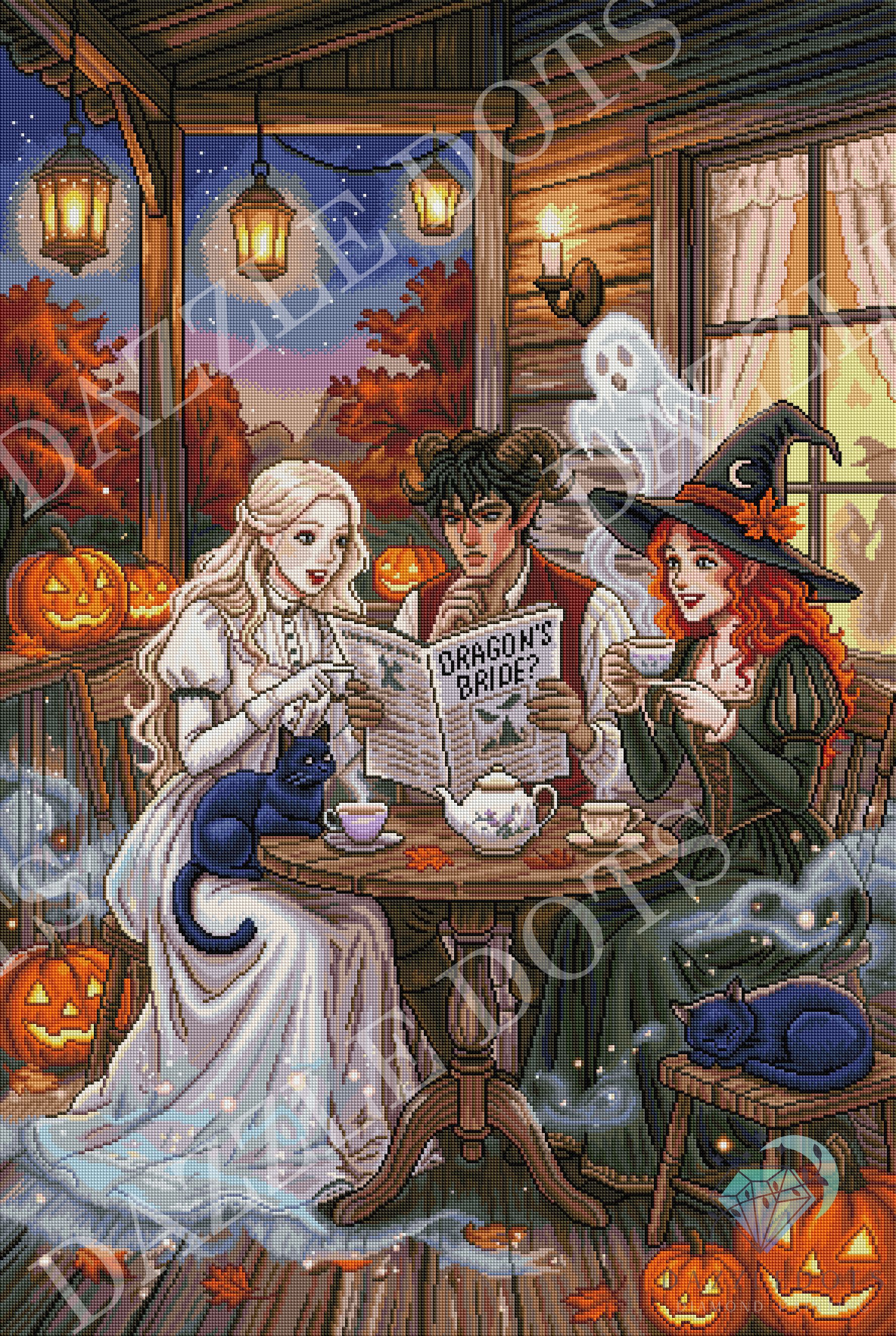 Crystal Art Halloween-themed scene with three characters at a table, surrounded by pumpkins and ghosts. Diamond painting kit