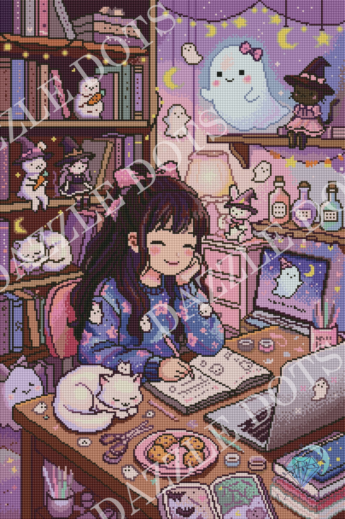 Diamond art kit illustration of a cozy bedroom scene with a girl writing at a desk, surrounded by shelves of books, sleeping cats, bottles, a laptop, and whimsical wall decorations including a ghost and moon. The artwork is dominated by purple, pink, and lavender tones, with a visible repeated watermark reading 'Kiki Posts'.