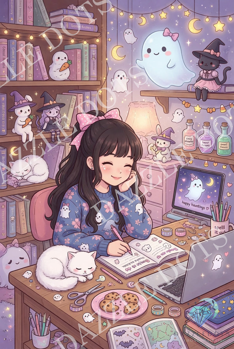 Diamond painting of A cozy illustrated bedroom scene with a girl sitting at a desk, surrounded by books, candles, a laptop, cookies, and cute Halloween-themed decor including ghosts, a witch cat, and string lights.