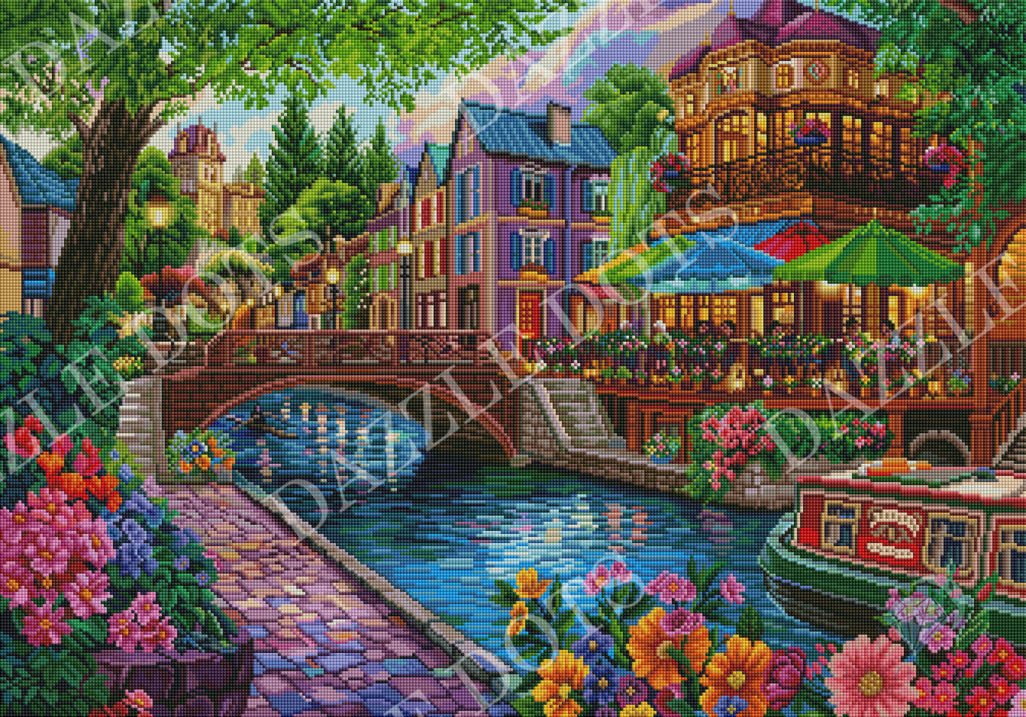 A colorful scenic artwork of a canal-side town with buildings, a bridge, flowers, trees, and a boat. The scene is highly detailed and painterly, with no visible person or real photographed environment.