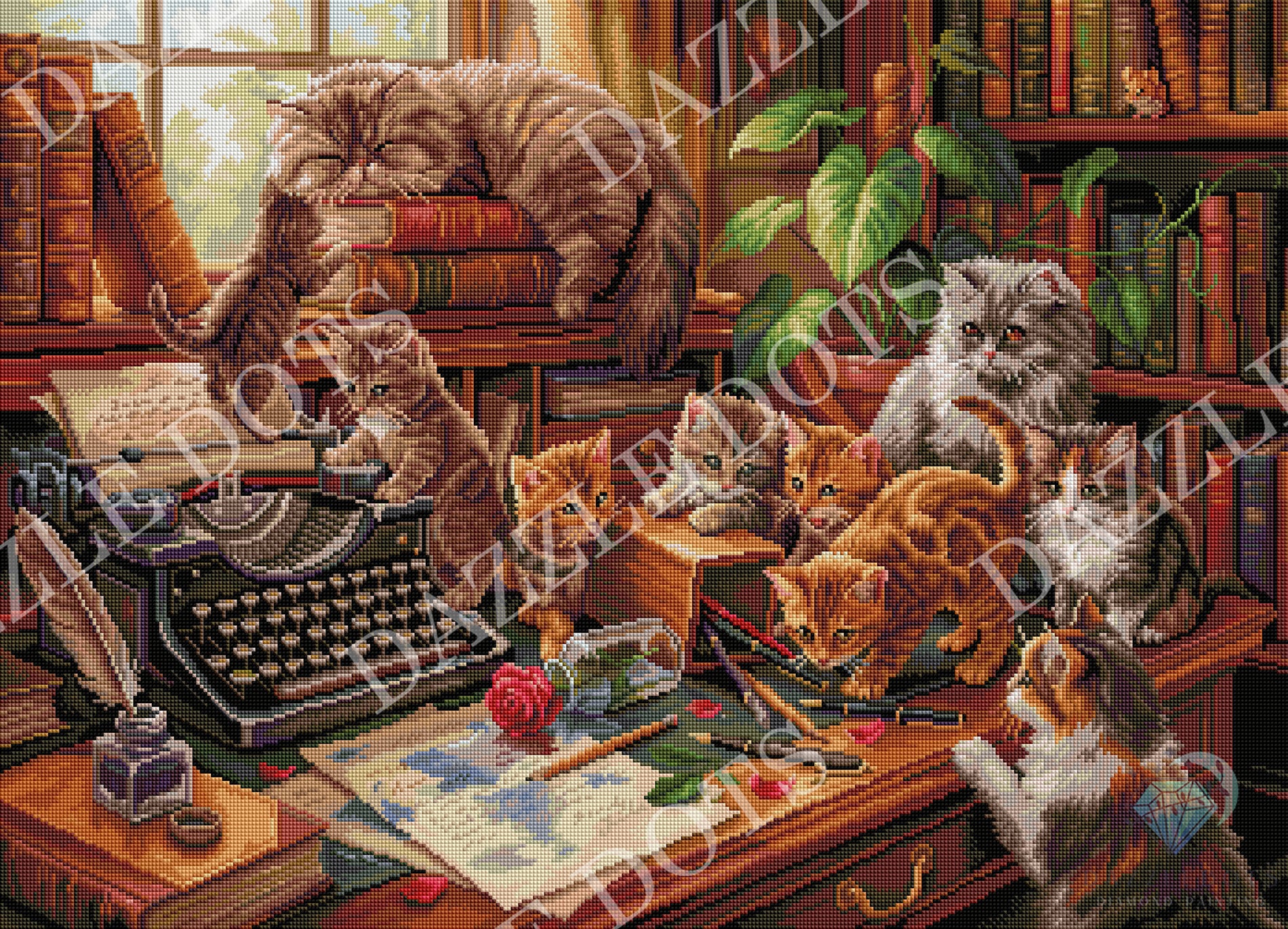 A detailed diamond painting-style illustration showing multiple cats in a warm, book-filled study. A large tabby cat sleeps on stacked books near a window, while several kittens and an adult cat gather around a desk with a typewriter, ink bottle, rose, and papers.