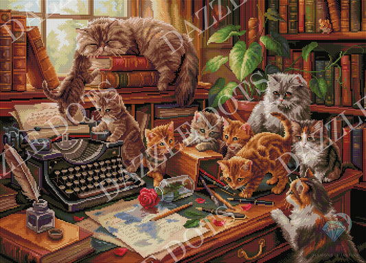 A detailed diamond painting-style illustration showing multiple cats in a warm, book-filled study. A large tabby cat sleeps on stacked books near a window, while several kittens and an adult cat gather around a desk with a typewriter, ink bottle, rose, and papers.