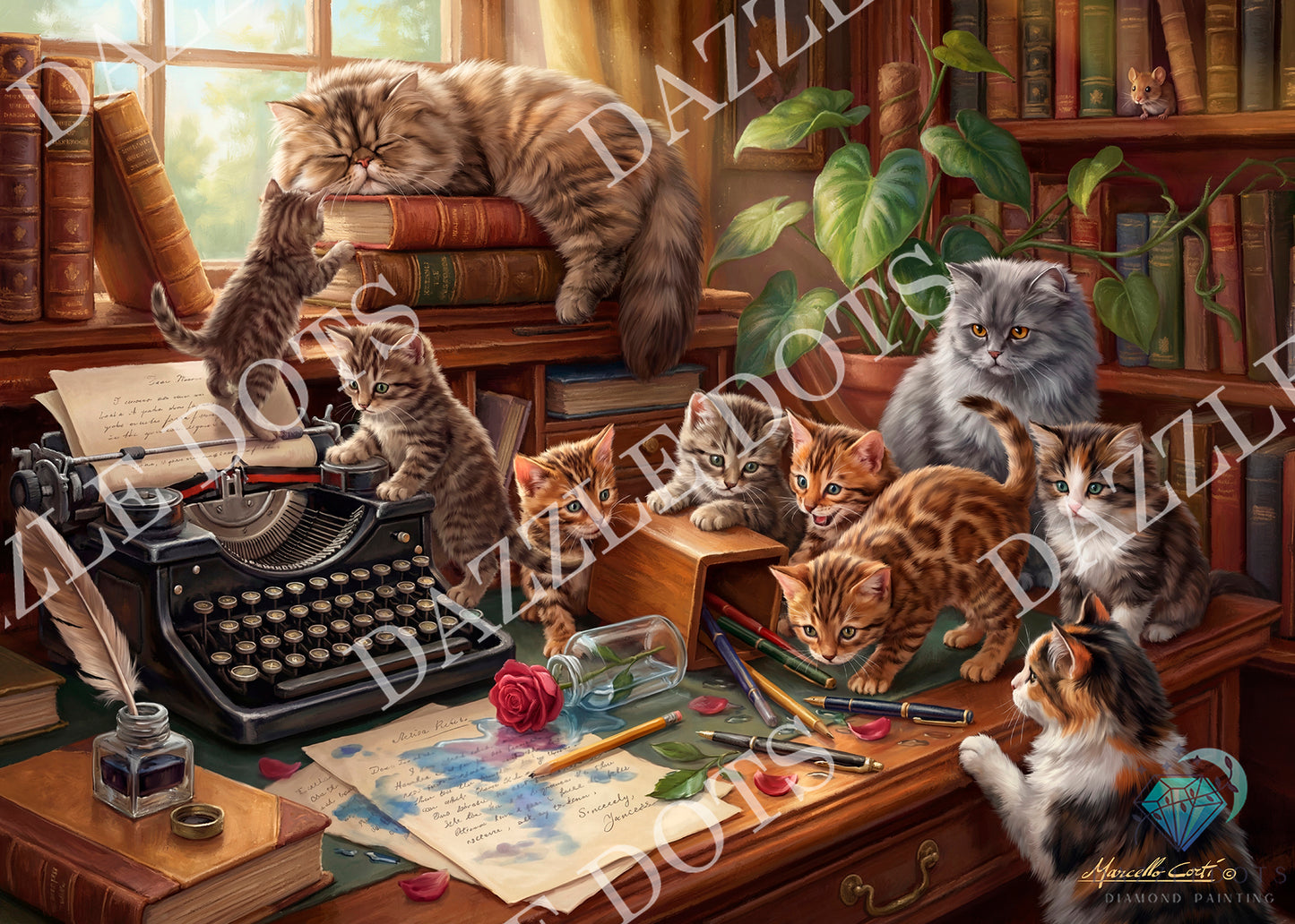 A whimsical illustrated scene of several cats in a cozy library or study, gathered around a typewriter and papers on a wooden desk, with bookshelves and a window in the background. 