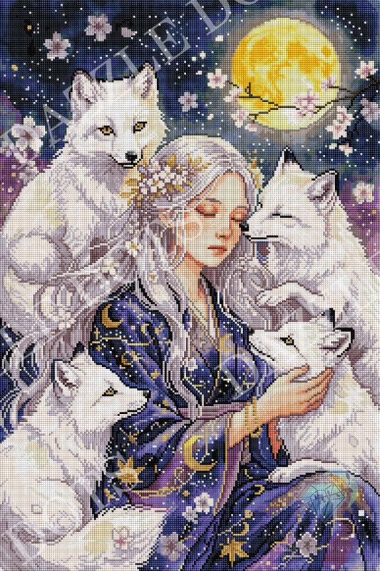 A colorful picture with wolves and a girl artwork with flowing white hair, the moon, blossom flowers, on a blue sky style background. Large diagonal 'DAZZLE DOTS' watermarks are visible across the image.