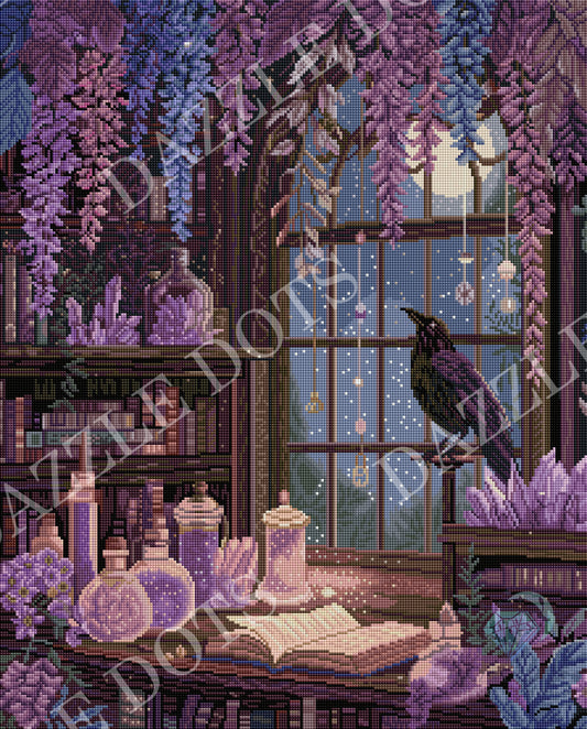 Intricate scene of a cozy room with books, bottles, and a window with a bird.