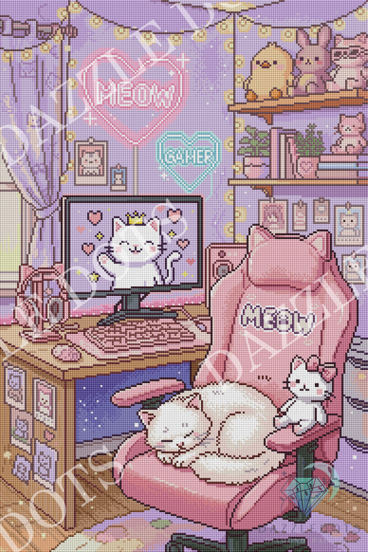 A pixel-art style illustration of a cozy bedroom or gaming room with a pink gaming chair, white cat sleeping on the chair, a second cat on the monitor, shelves with plush toys, and decorative signs reading 'MEOW GAMER'.