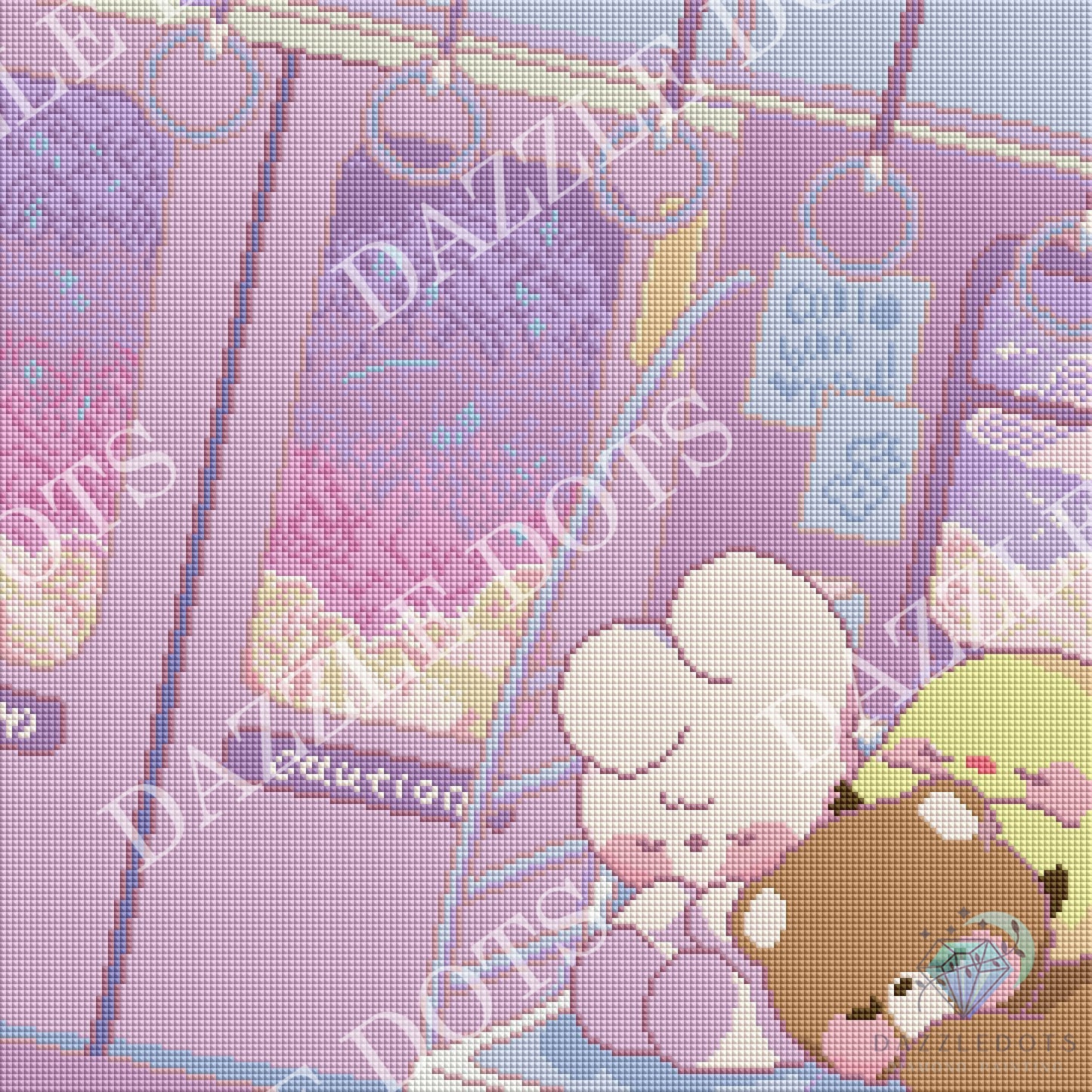 A pastel cross-stitch or needlework-style illustration showing a white bunny hugging a brown bear inside a pink and purple train or subway car. The artwork has a pixelated stitched texture and repeated diagonal 'DAZZLE DOTS' watermark text across the image.