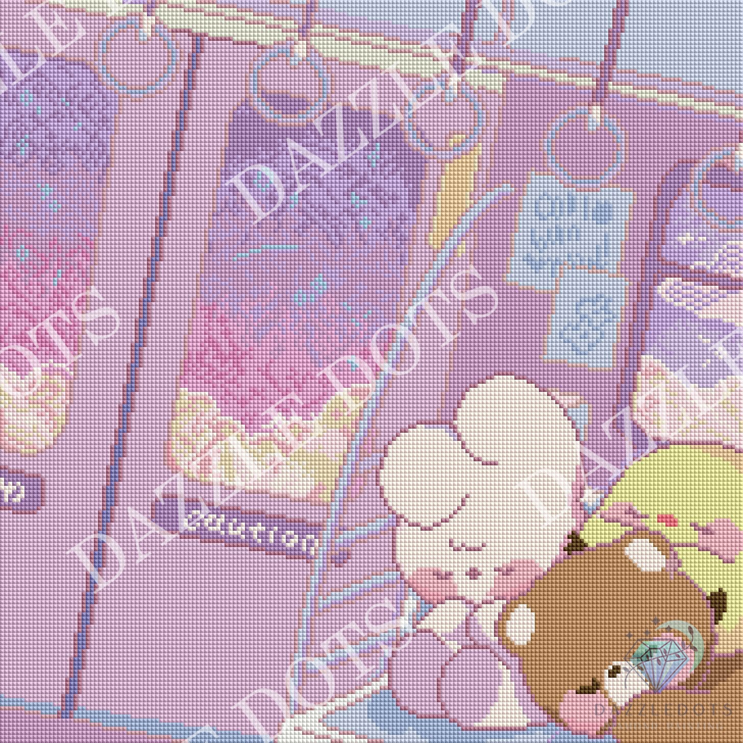 A pastel cross-stitch or needlework-style illustration showing a white bunny hugging a brown bear inside a pink and purple train or subway car. The artwork has a pixelated stitched texture and repeated diagonal 'DAZZLE DOTS' watermark text across the image.