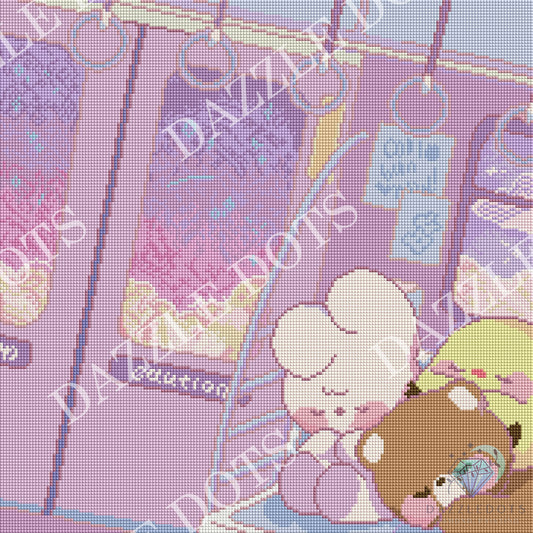 A pastel cross-stitch or needlework-style illustration showing a white bunny hugging a brown bear inside a pink and purple train or subway car. The artwork has a pixelated stitched texture and repeated diagonal 'DAZZLE DOTS' watermark text across the image.