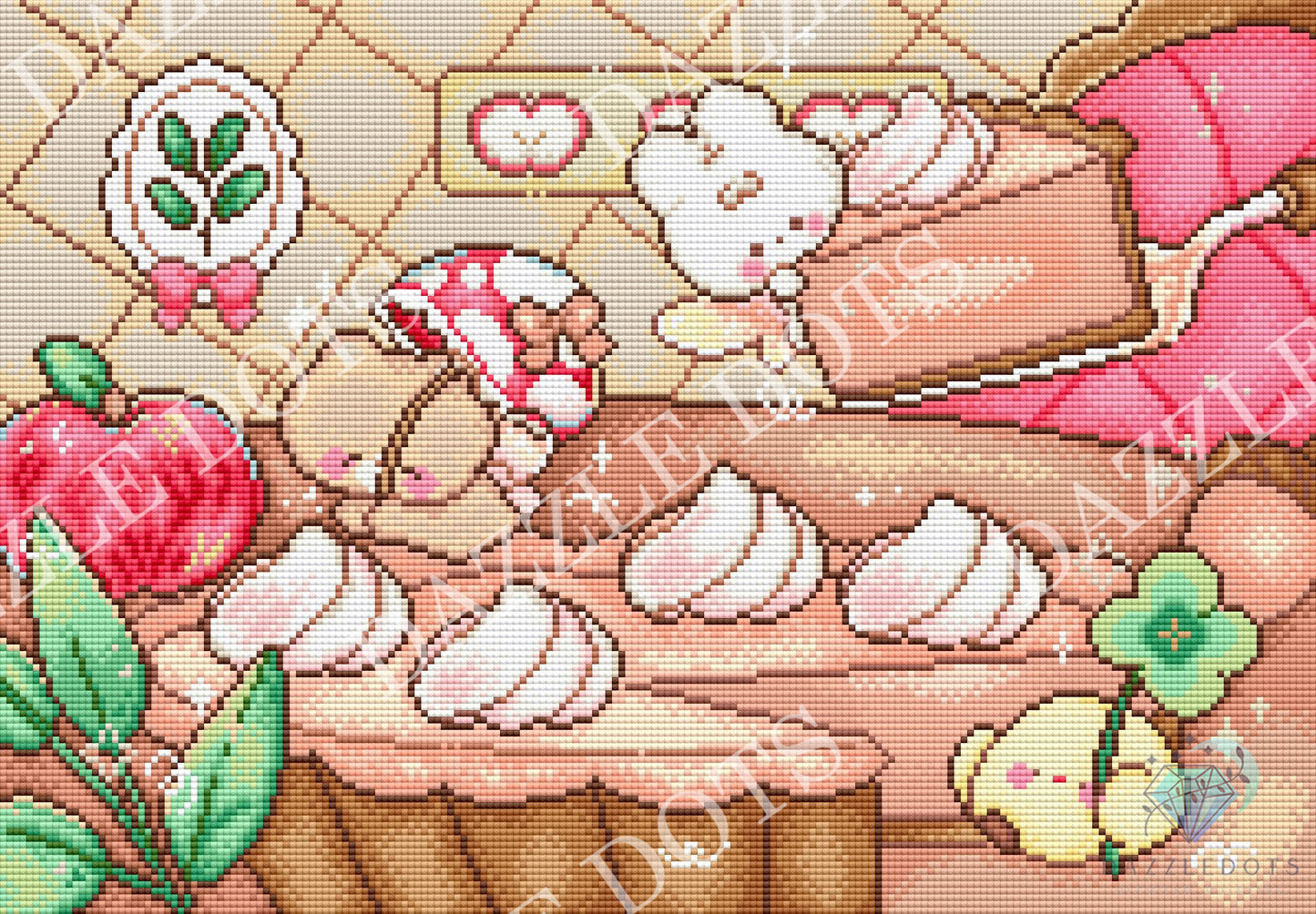 A pixel-art style illustration of a cozy dessert scene with a white bunny holding a pink-and-white cupcake, a slice of cake on a plate, pink macarons, a red apple, and a yellow flower on a beige quilted background.