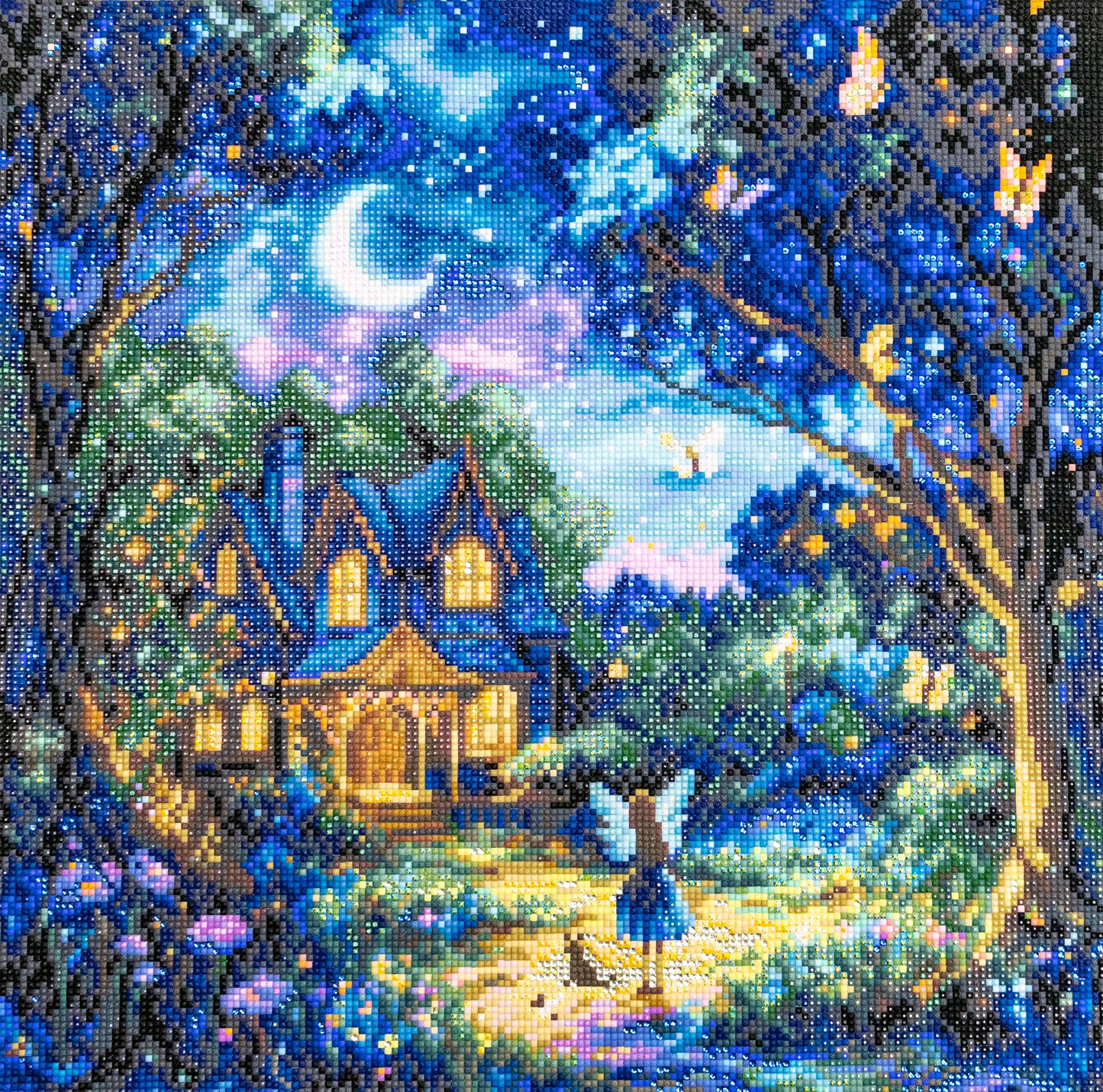 Diamond Art image of a fairy in a magical forest with a house and moonlit sky.