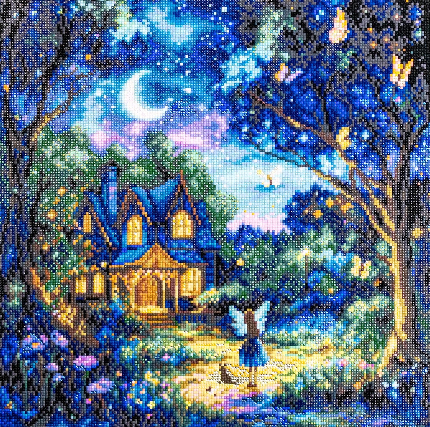 Diamond Art kit of a Fairy tale house in a forest with a fairy and glowing moon