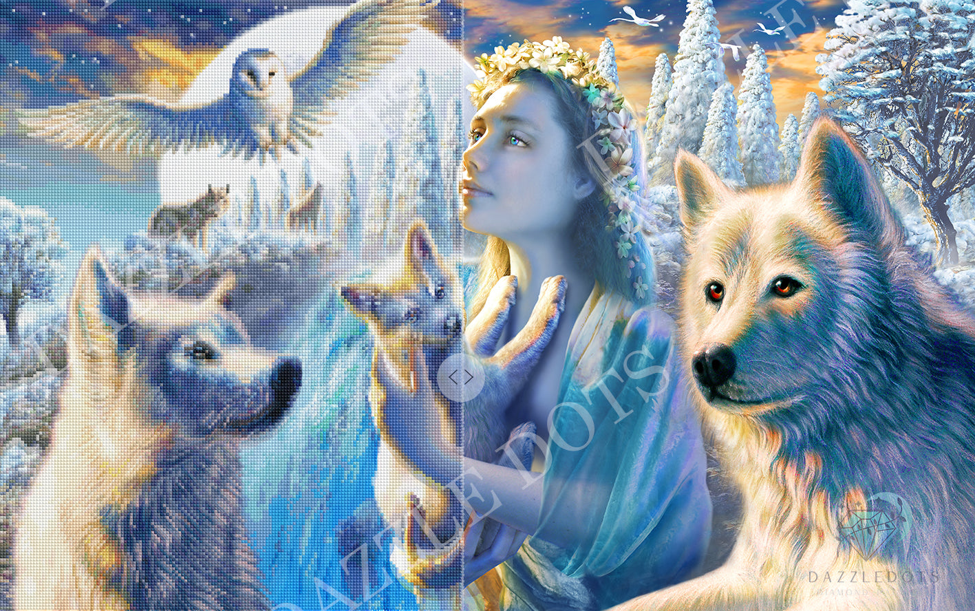 Diamond art depicting a Woman surrounded by wolves and an owl in a snowy landscape