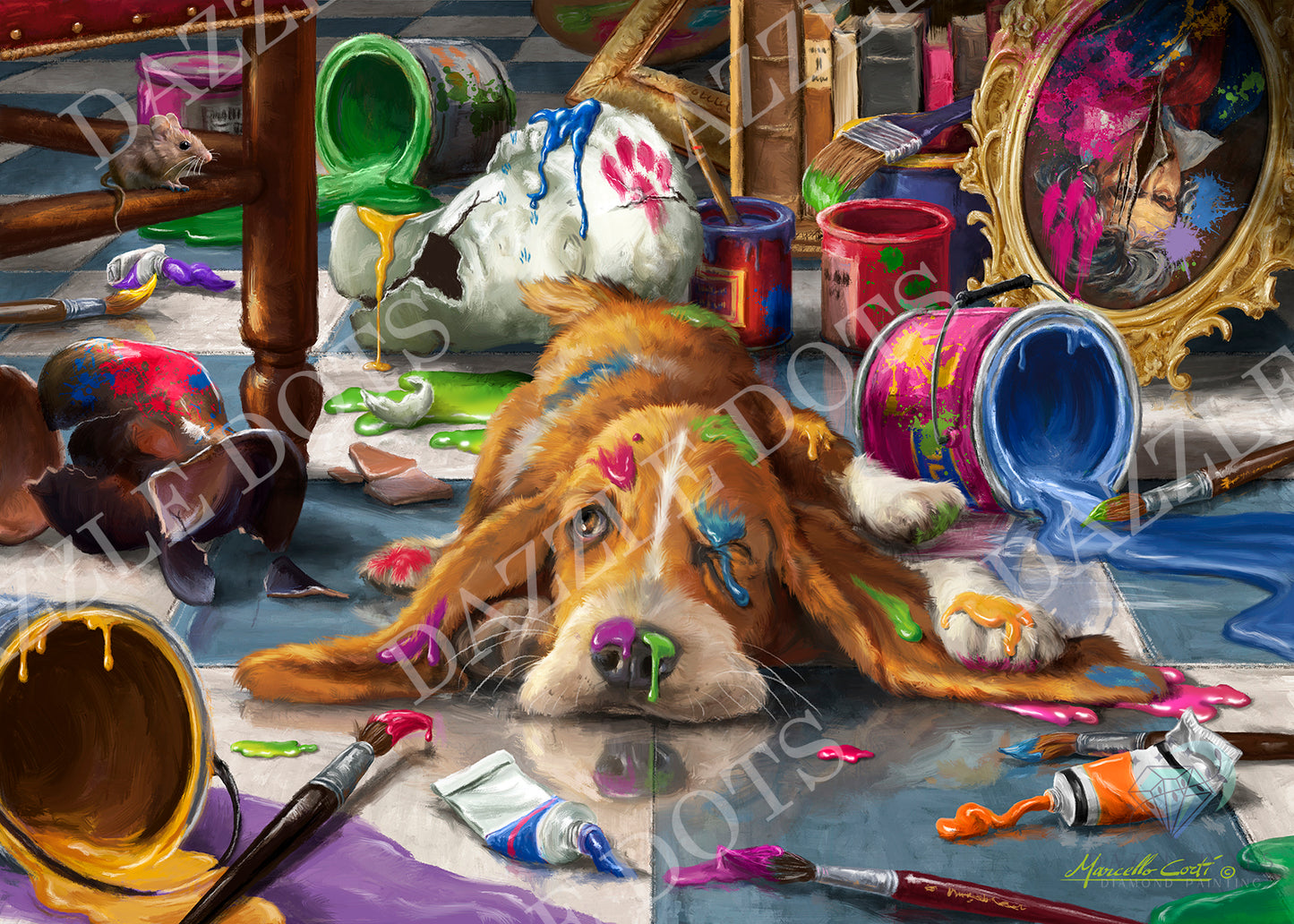 Dog covered in paint with art supplies around
