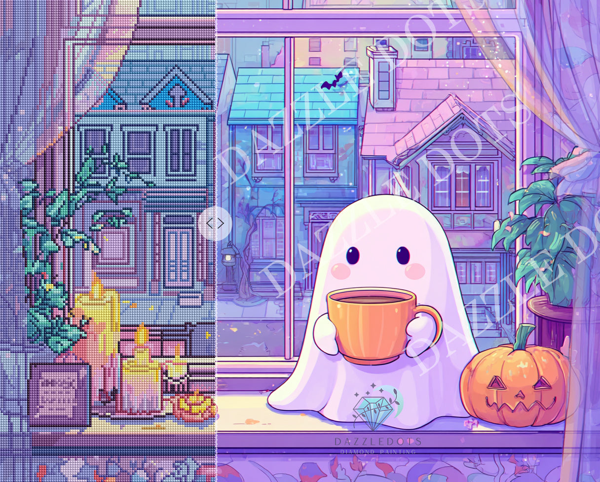 Diamond art club kit of a Cartoon ghost holding a cup with Halloween-themed decorations outside a window.