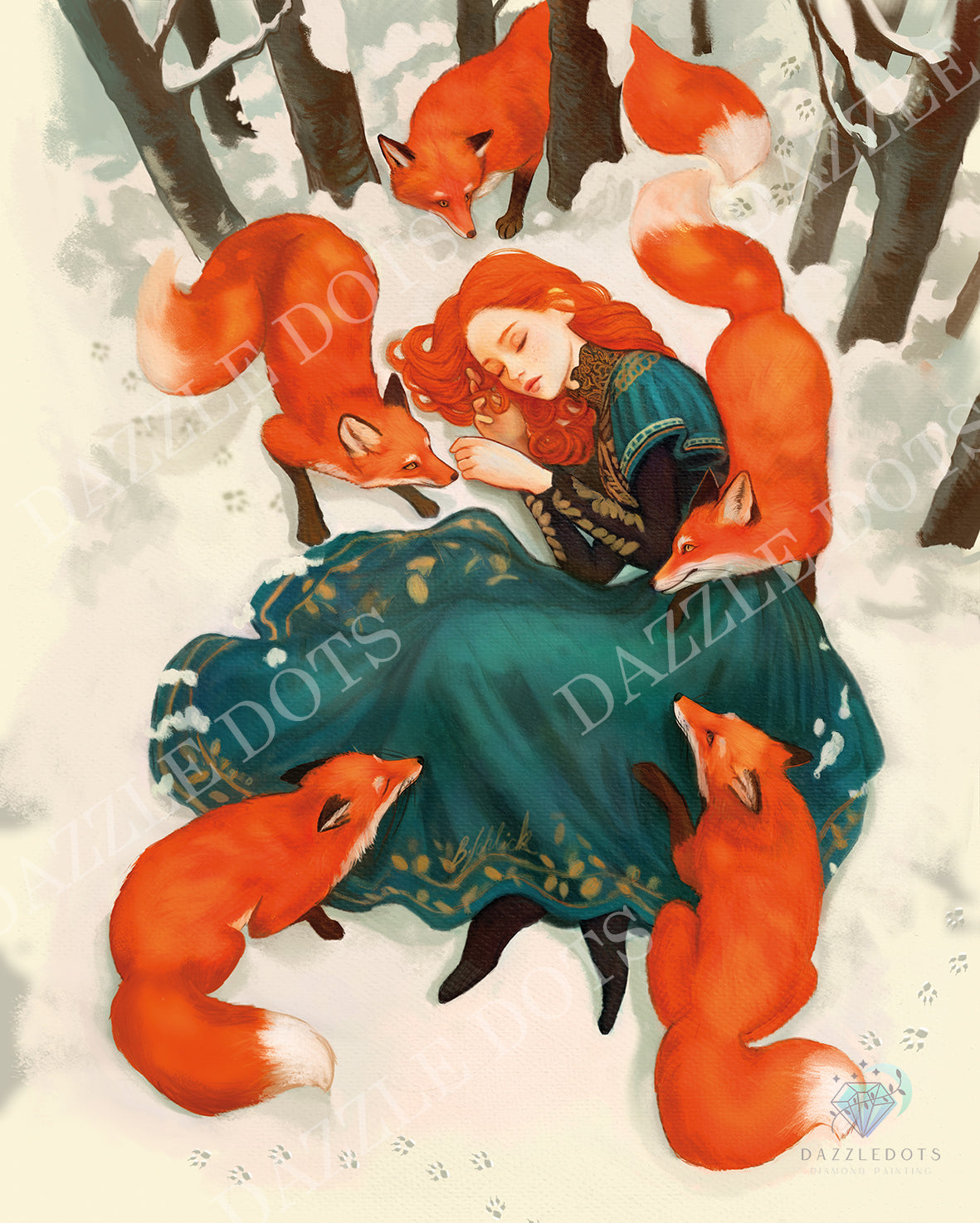 Woman in a snowy forest surrounded by foxes, with 'Dazzling Dots' branding.