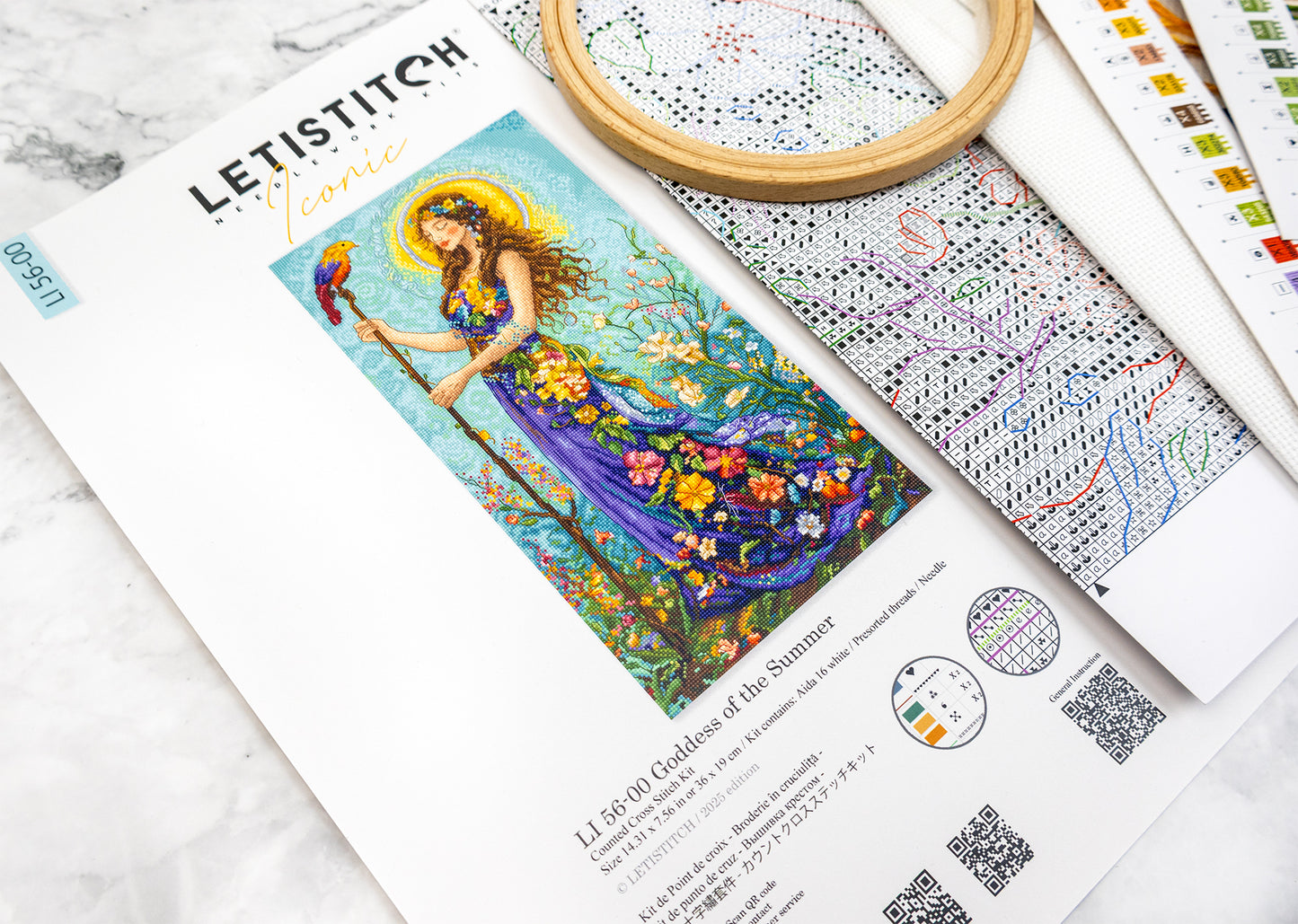 Embroidery kit with a design of a woman and a parrot, surrounded by patterned paper and an embroidery hoop.