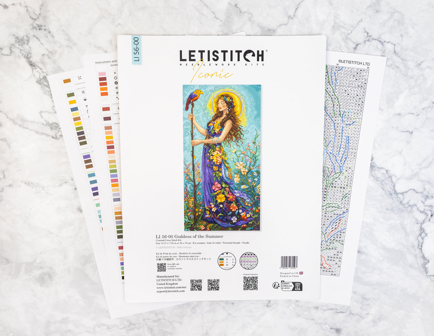 Letistitch cross-stitch kit packaging with a colorful illustration of a woman holding a parrot on a marble surface.