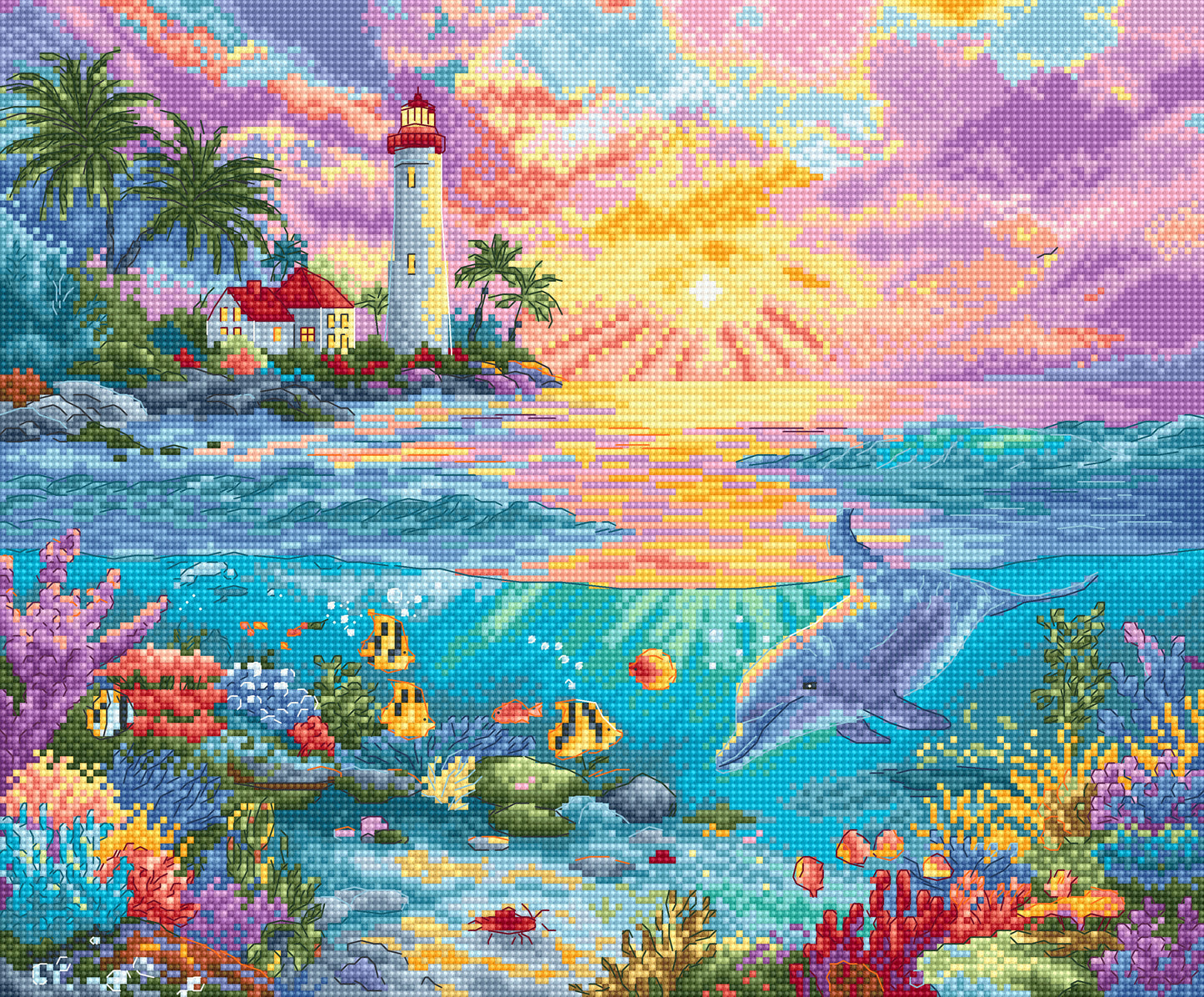 Cross-stitched scene of a lighthouse, dolphins, and underwater life with a colorful sunset.