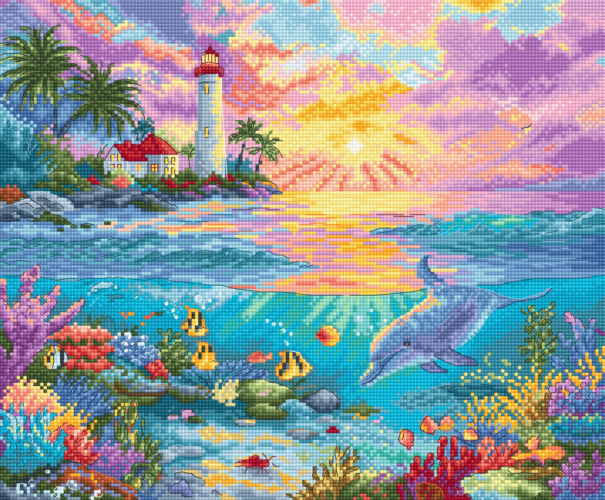 Cross-stitched scene of a lighthouse, dolphins, and underwater life with a colorful sunset.