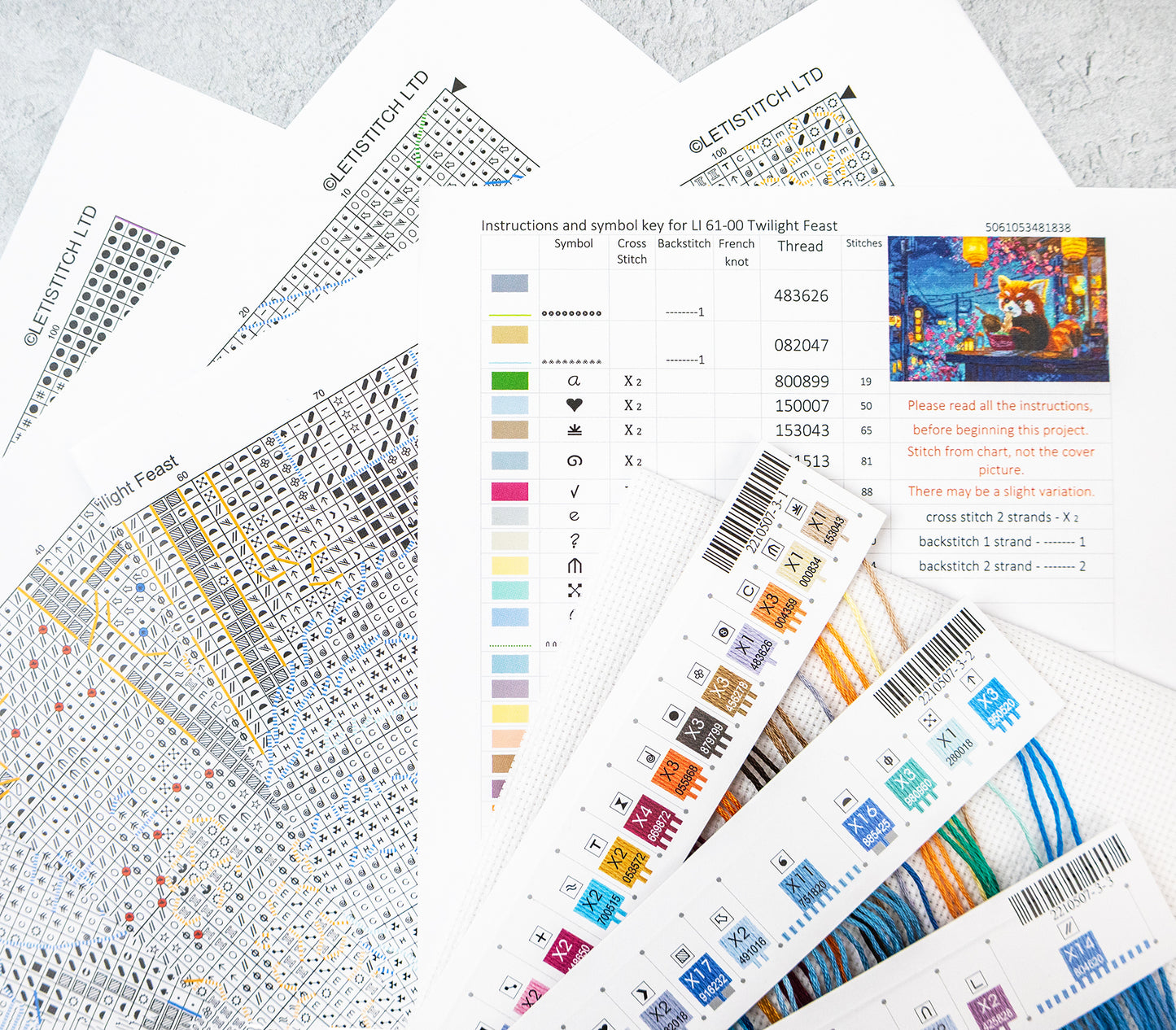 Collection of cross-stitch pattern sheets with color charts and instructions on a light gray background.