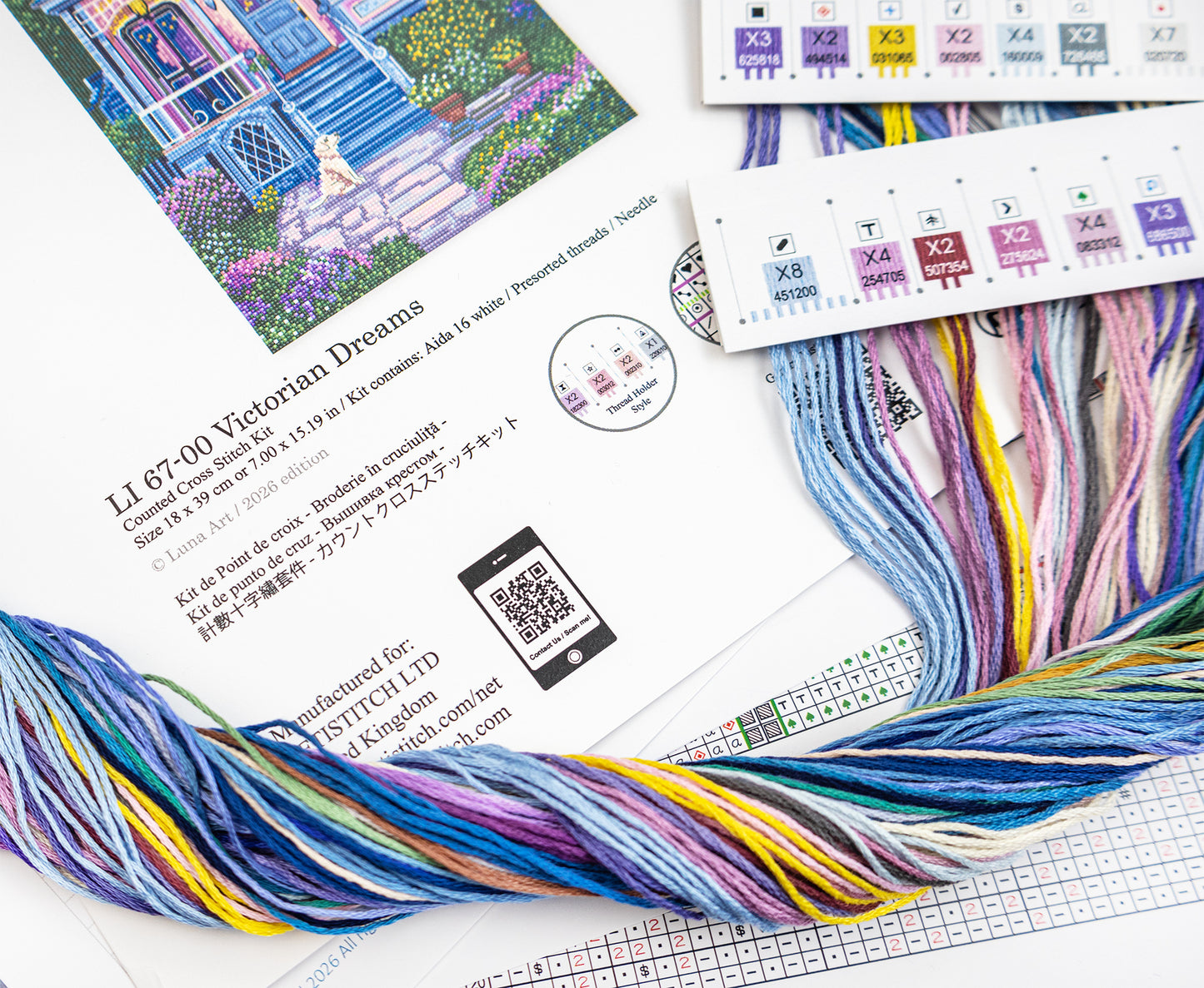 Colorful embroidery floss with packaging and labels on a white background