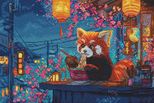Cross-stitched design of a red panda in a whimsical setting with lanterns and flowers.