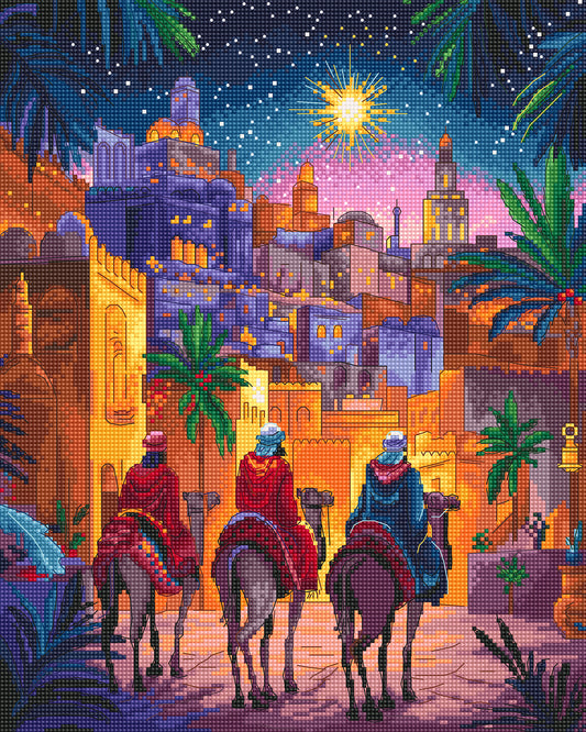 cross stitch depiction of the Three Kings journeying through a starlit cityscape with palm trees. nativity