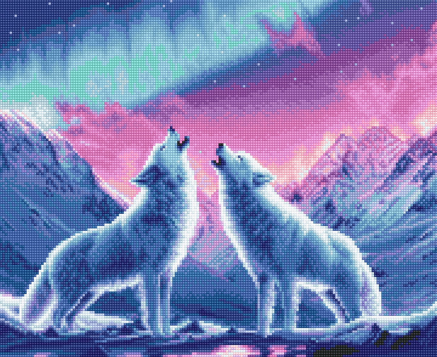 Two wolves howling at each other with a colorful mountain and sky background