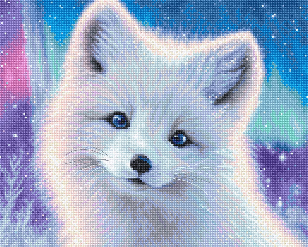 White fox with blue eyes against a colorful, starry background