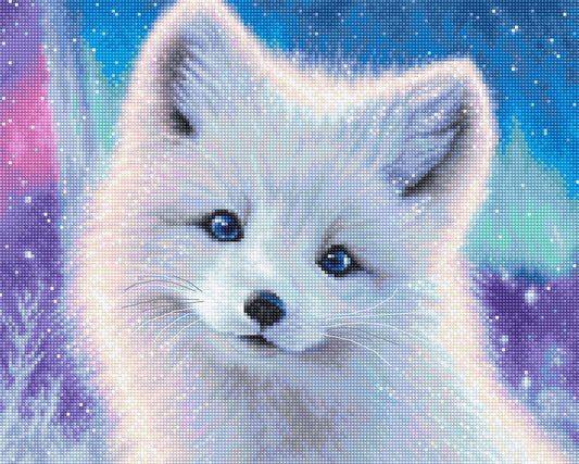 White fox with blue eyes against a colorful, starry background