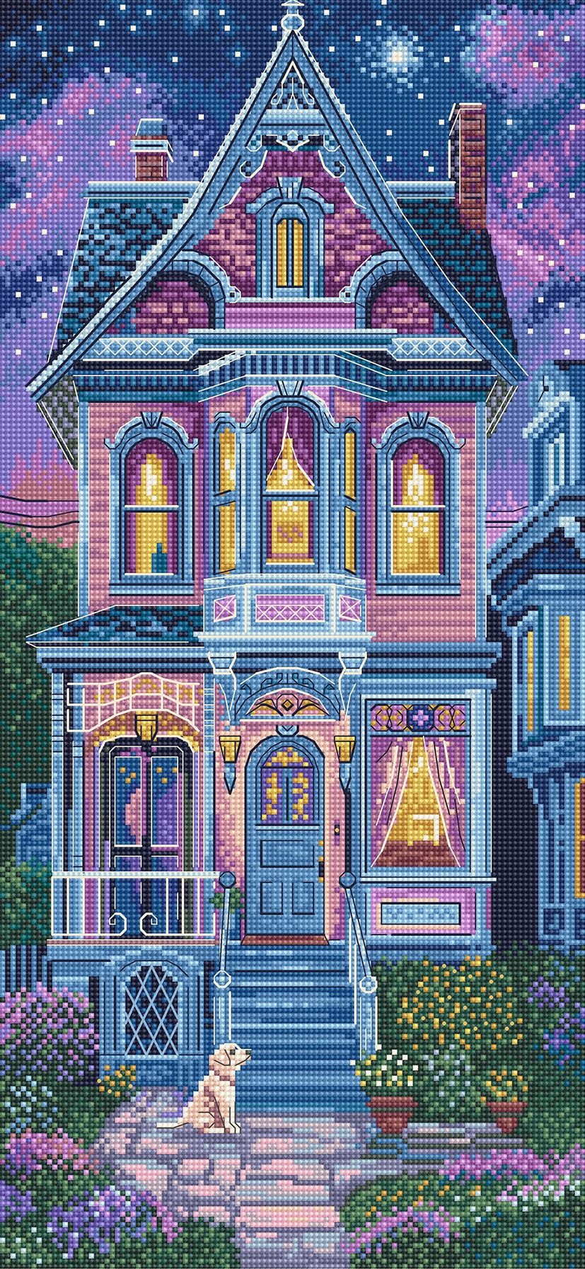 Victorian-style house at night with a dog on the porch, surrounded by flowers and lights.
