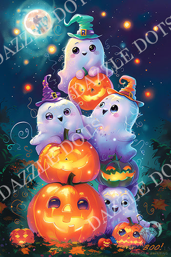 Halloween-themed art print featuring a stack of cute cartoon ghosts and glowing jack-o'-lantern pumpkins under a full moon, with repeated 'DAZZLE DOTS' watermark text across the image.