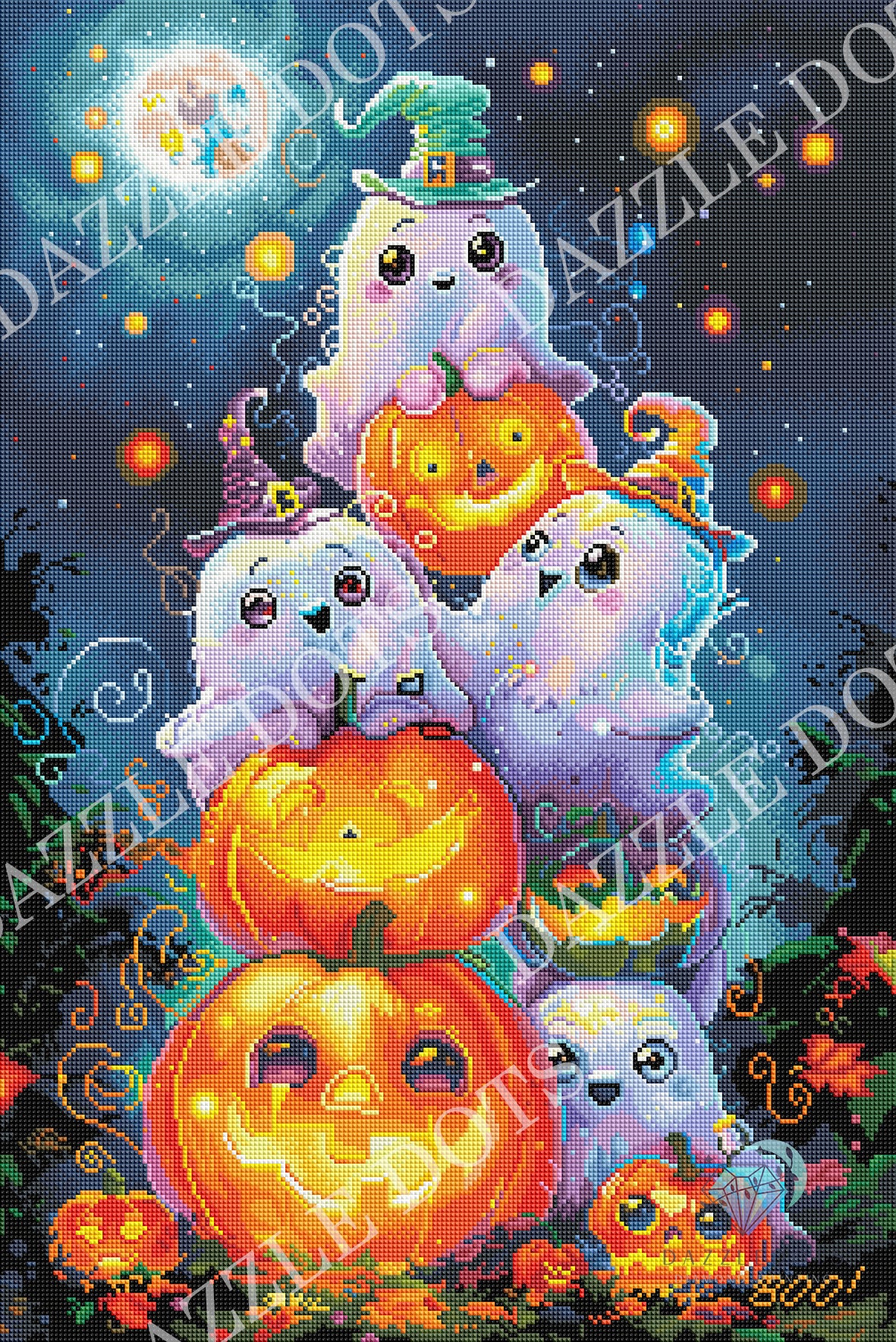 Halloween-themed DP pattern featuring a stack of cute cartoon ghosts and glowing jack-o'-lantern pumpkins under a full moon, with a diagonal 'DAZZLE DOTS' watermark overlay.