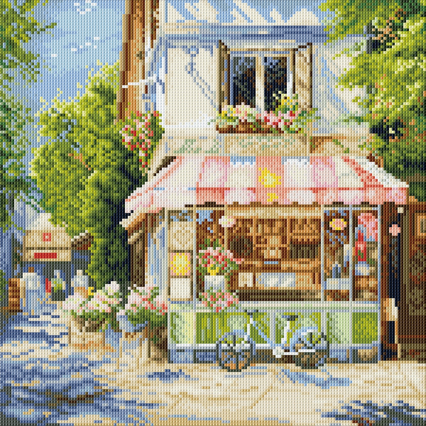 Decorative Damond Art of a quaint shop with flowers and a bicycle