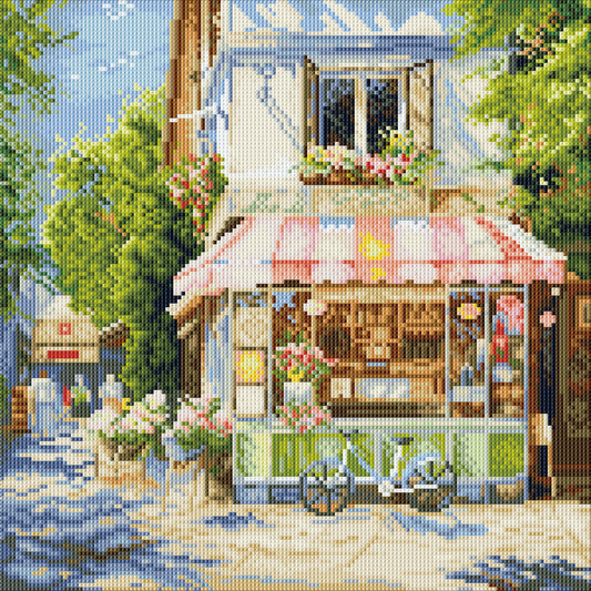 Decorative Damond Art of a quaint shop with flowers and a bicycle