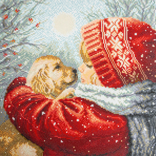 Diamond painting of a girl in a red coat and hat with a dog in a snowy scene