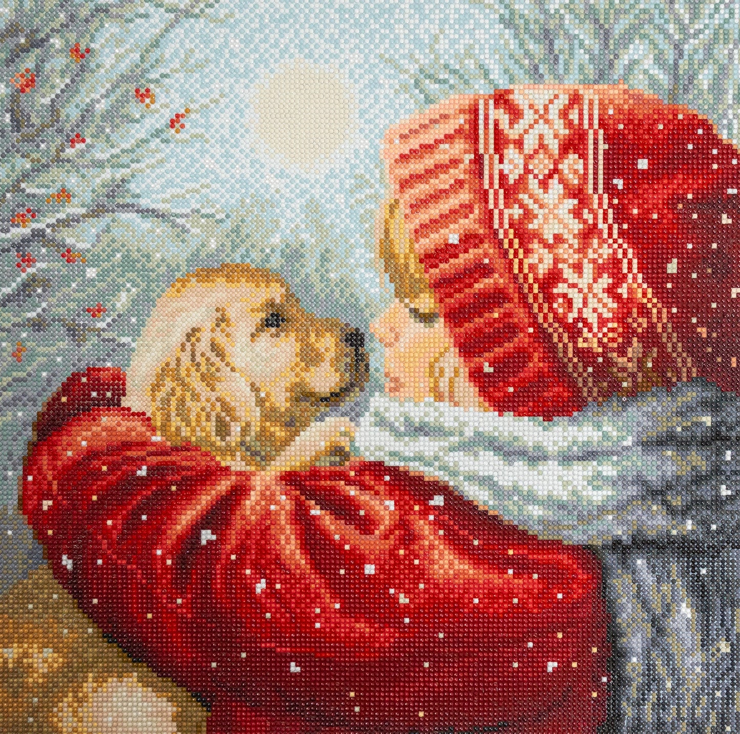 Diamond painting scene of a child in a red coat and hat holding a dog, with a snowy background.