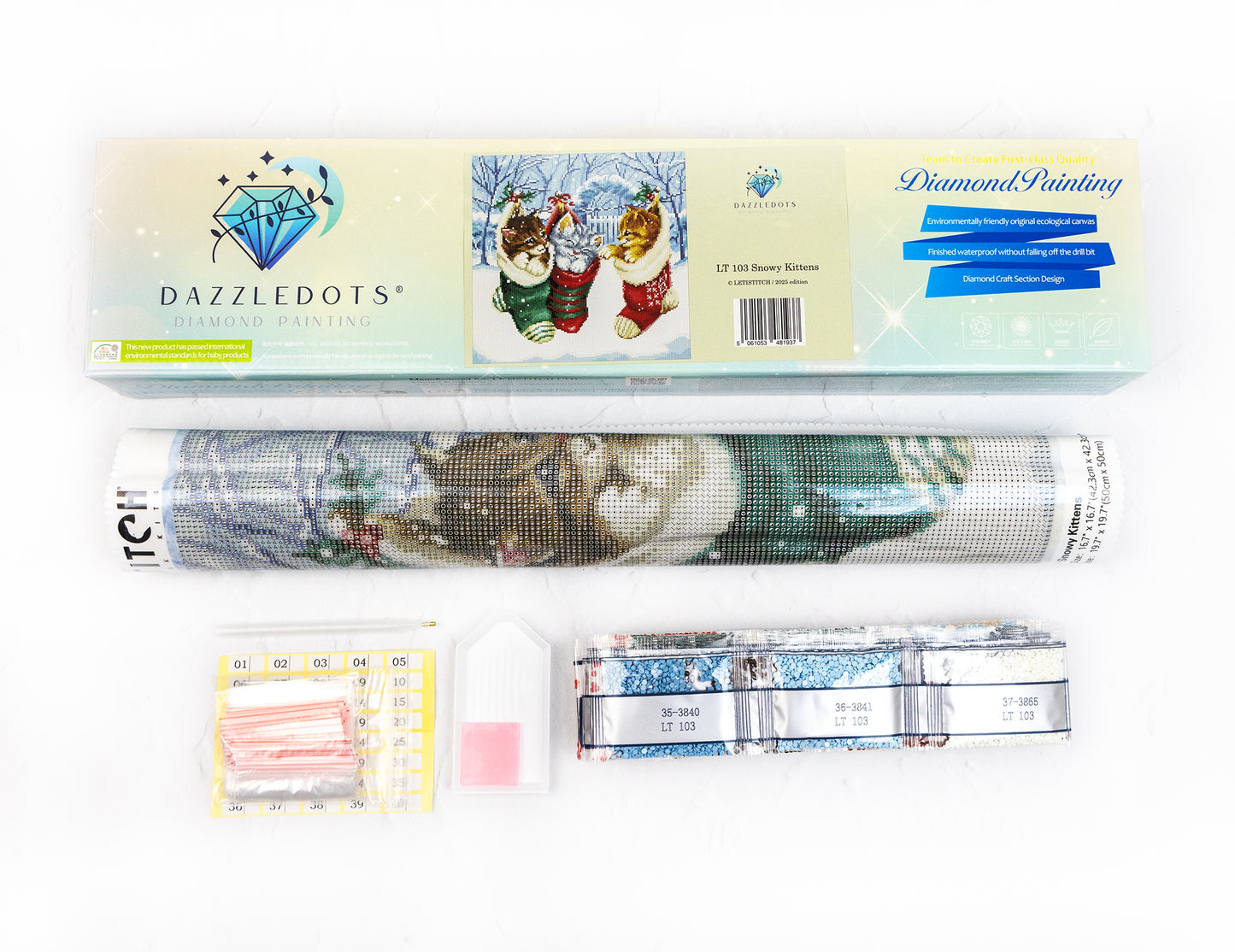 Diamond painting kit with packaging and tools on a white background