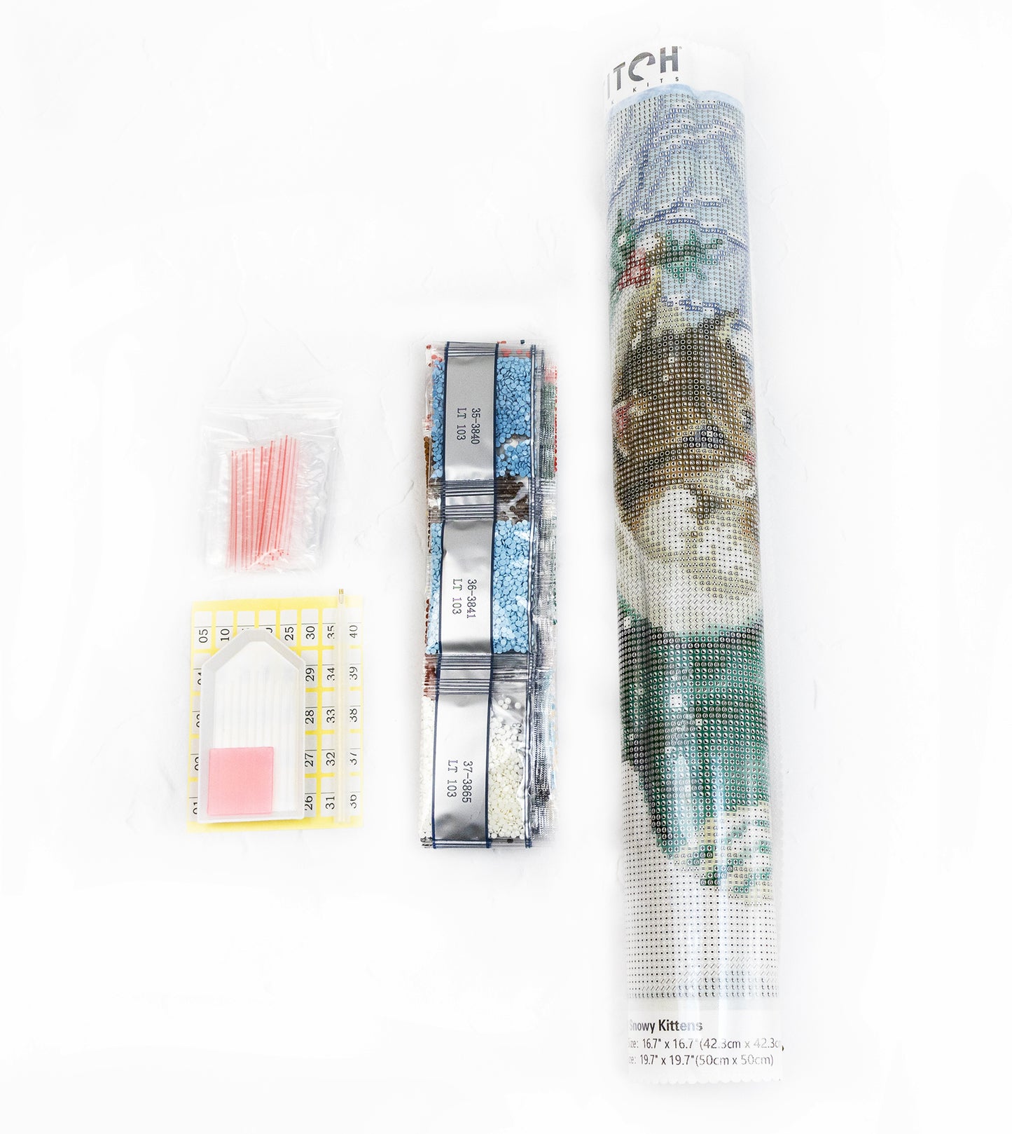 Diamond painting kit with fabric, thread, and pattern on a white background