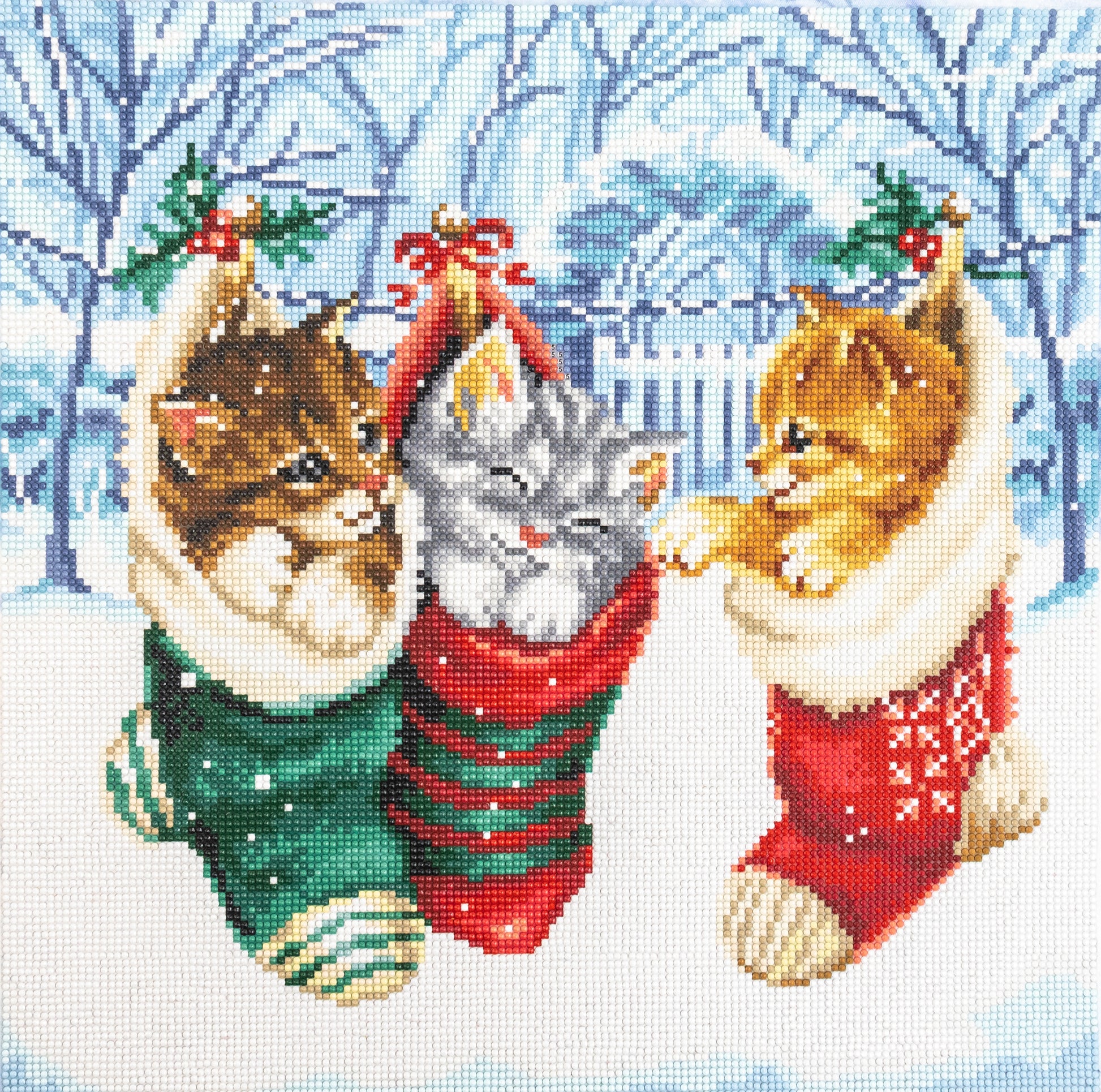 diamond painting Three cats in Christmas stockings against a snowy background