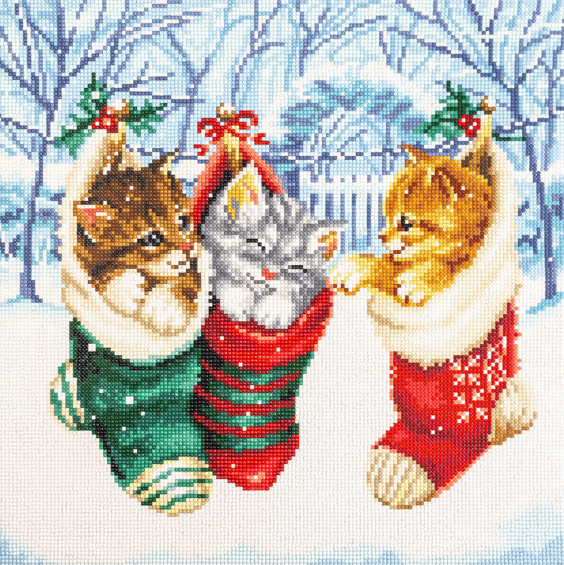Three cats in Christmas stockings with a snowy background dazzle dots kit