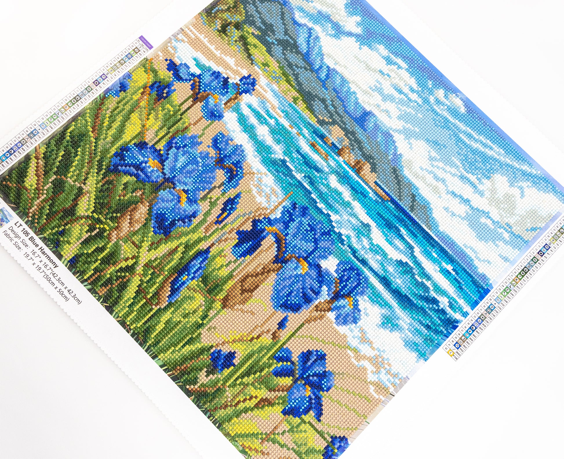 Diamond Art with blue flowers and a landscape