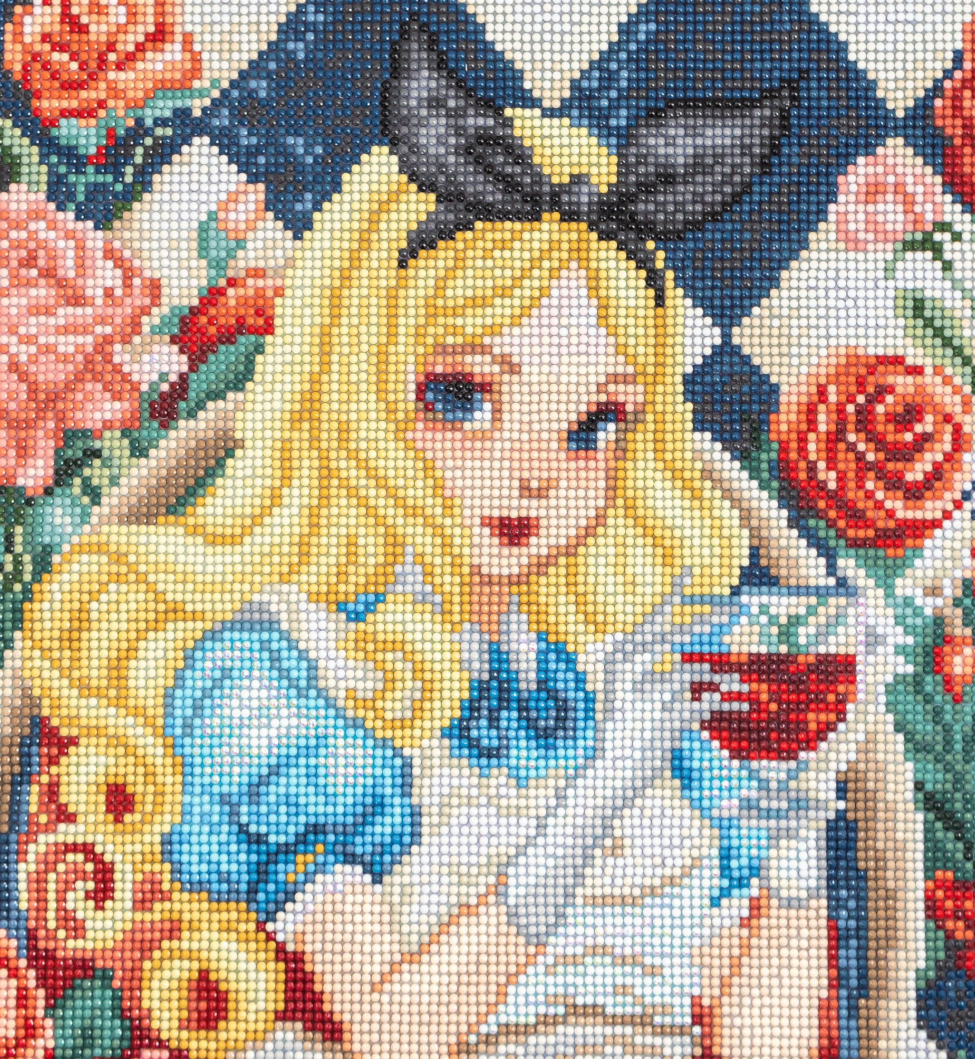 Diamond Art design of a character with blonde hair and blue gloves surrounded by flowers.
