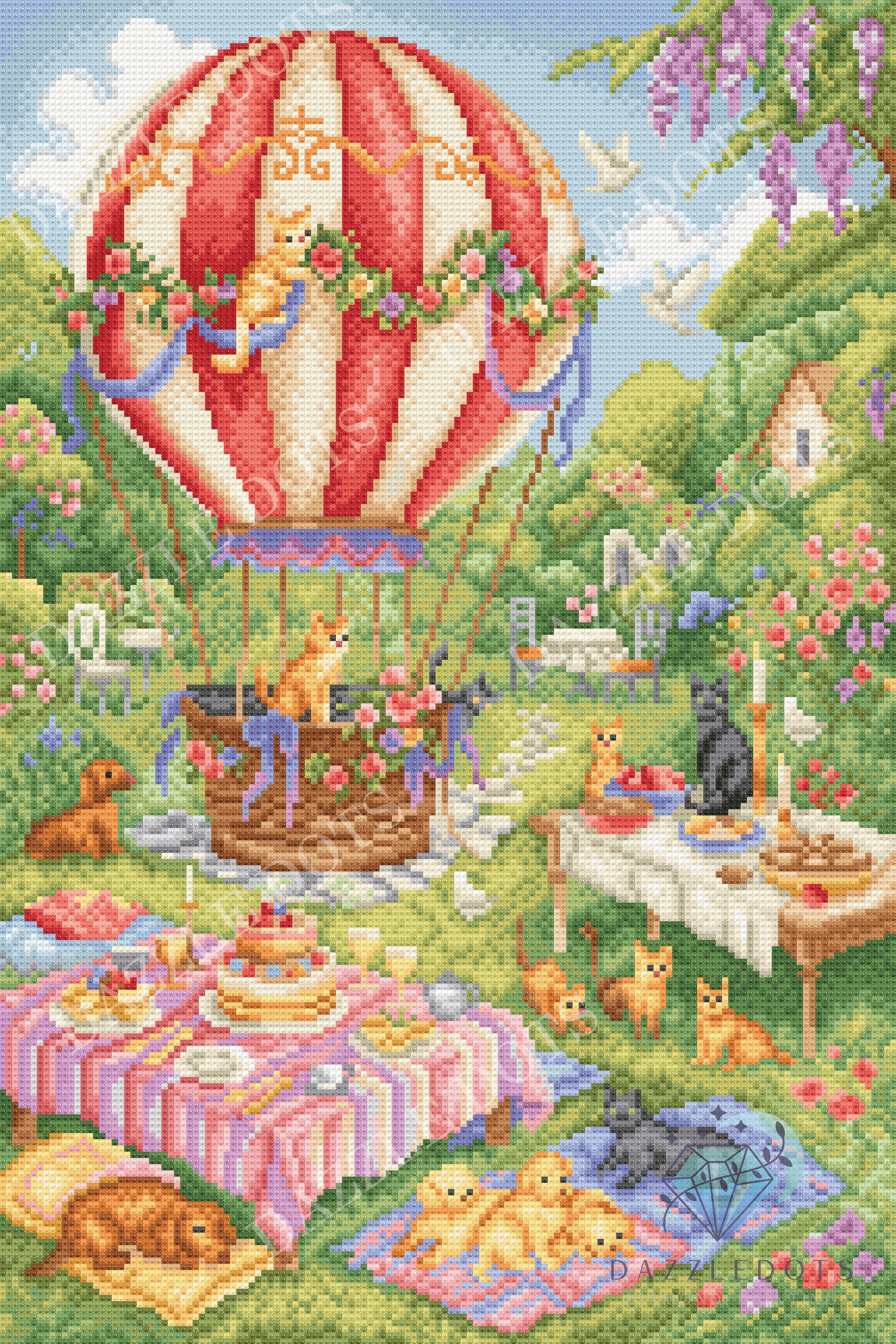 Colorful Diamond Painting kit scene of a hot air balloon with cats in a garden setting.