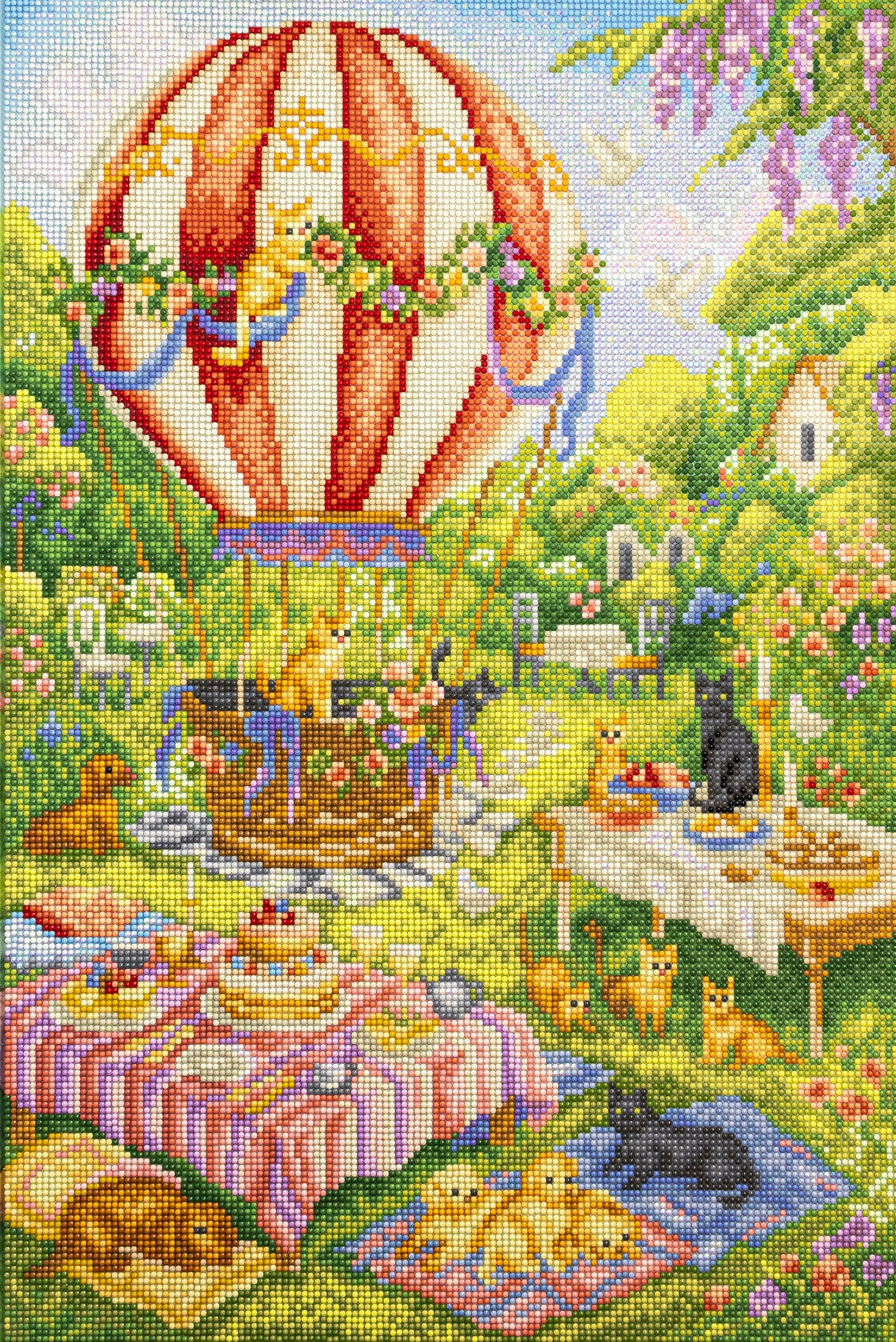 Diamond Painting kit scene of a hot air balloon in a garden with animals and picnic setup